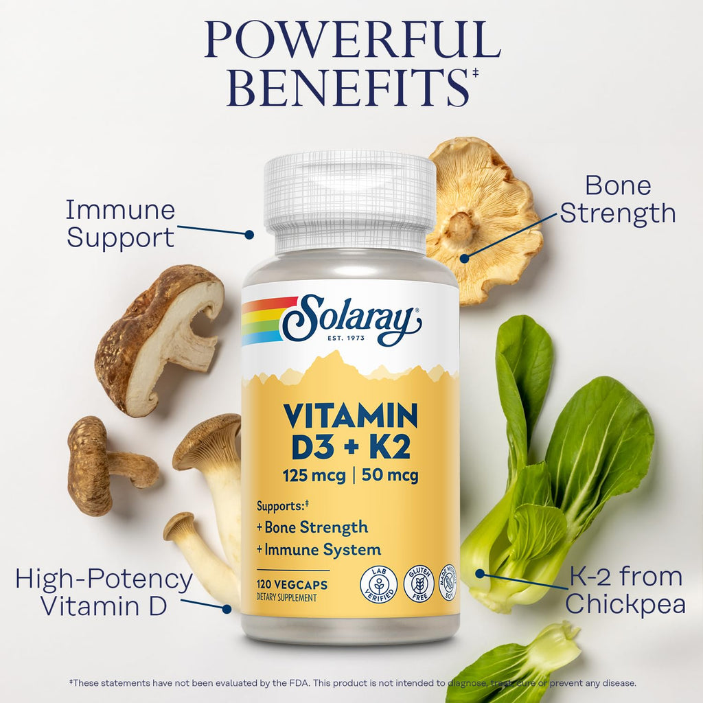 SOLARAY Vitamin D3 K2 - Bone Health and Immune Support Supplement - With 5000 IU Vitamin D as Vit D3 and 50 mcg Vitamin K2 as Menoquinone MK7, Made Without Soy