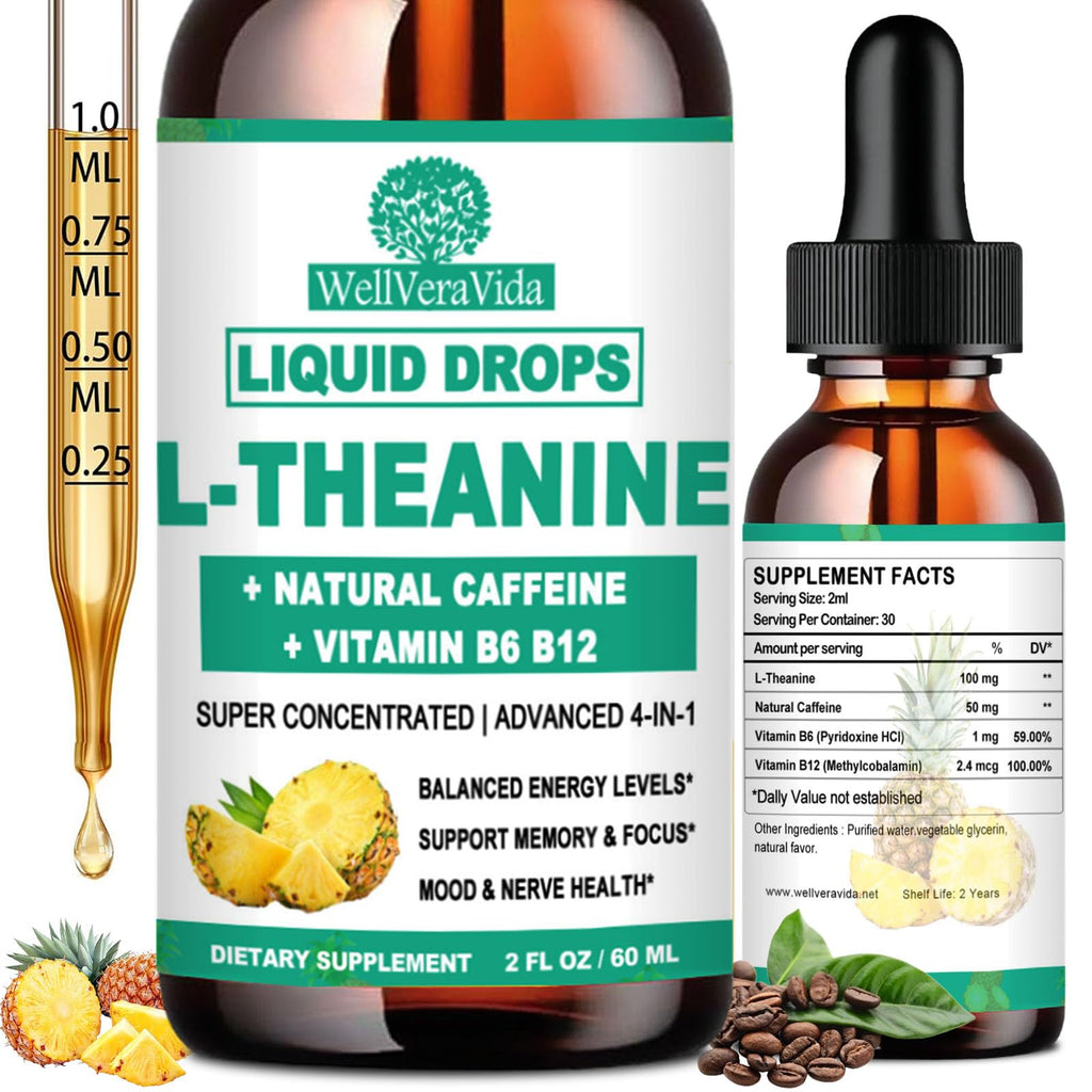 L Theanine Caffeine Liquid Drops, High Potency L-Theanine 100mg w. Caffeine Vitamin B12 B6, Natural Nootropic Brain for Smooth Energy Focus Alertness, 6X Stronger Than Pills Powder Gum WellVeraVida Au supplements