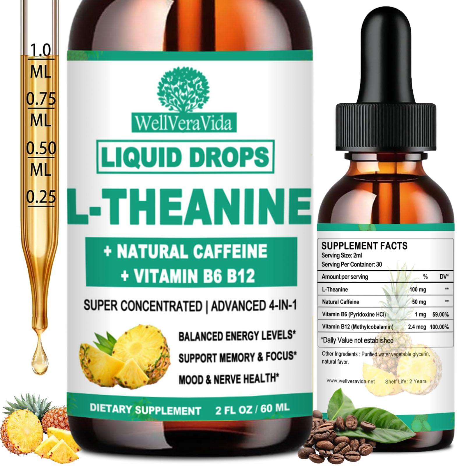 L Theanine Caffeine Liquid Drops, High Potency L-Theanine 100mg w. Caffeine Vitamin B12 B6, Natural Nootropic Brain for Smooth Energy Focus Alertness, 6X Stronger Than Pills Powder Gum WellVeraVida Au supplements