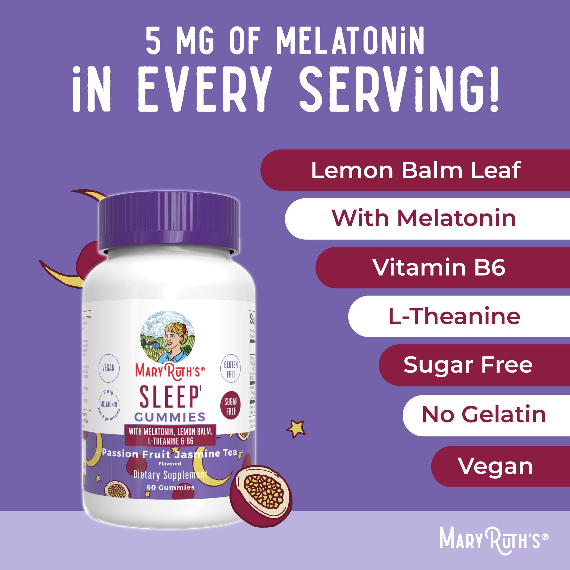 MaryRuth Organics Melatonin 5mg Sleep Gummy with L-Theanine | Lemon Balm | Vitamin B6 | Sugar-Free | Relaxation | Vegan | Non-GMO | Gluten Free | 60 Count MARYRUTH'S Au supplements