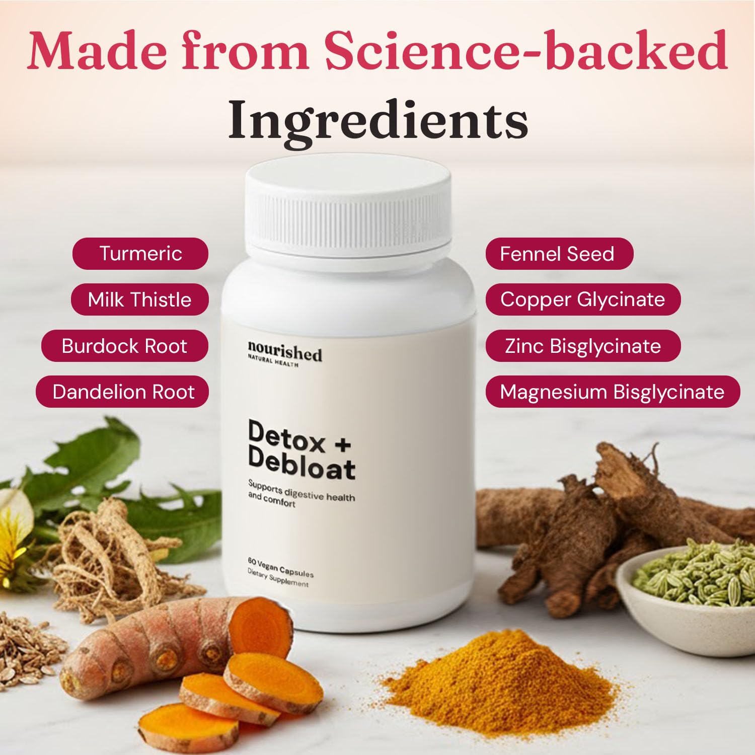 Nourished Natural Health Detox + Debloat - Detox Cleanse and Bloating Relief for Women - Liver and Digestive Support with Milk Thistle, Dandelion, Fennel & Turmeric