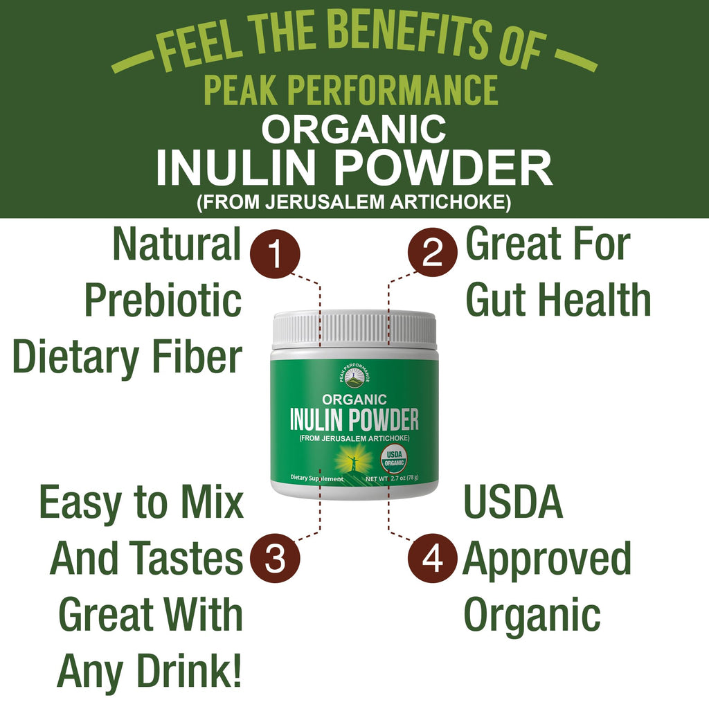 Peak Performance Organic Inulin Powder Natural Prebiotic Fiber for Gut Health. USDA Organic Raw Plant Based Vegan Prebiotics FOS Supplement from Jerusalem Artichoke Peak Performance Au supplements