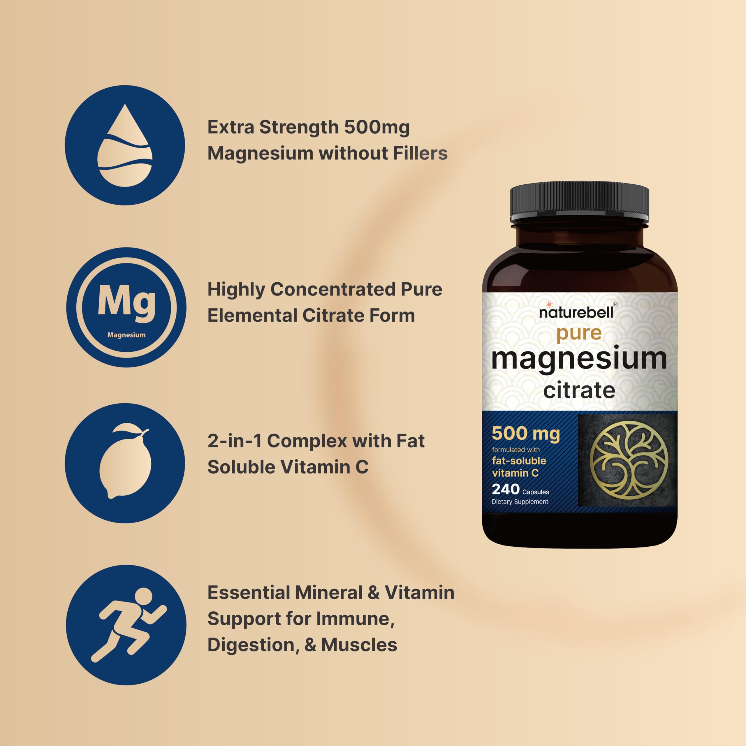 NatureBell Pure Magnesium Citrate 500mg per 3 Capsules Serving Size, 240 Capsules per Bottle