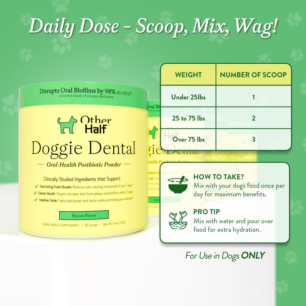 OTHER HALF Doggie Dental Supplement Powder - Dog Breath Freshener & Teeth Cleaning Made Easy - Oral Health Postbiotic for Dogs - Targets Tartar, Plaque & Bad Breath | 45 Scoops, Bacon Flavor OTHER HALF Au supplements