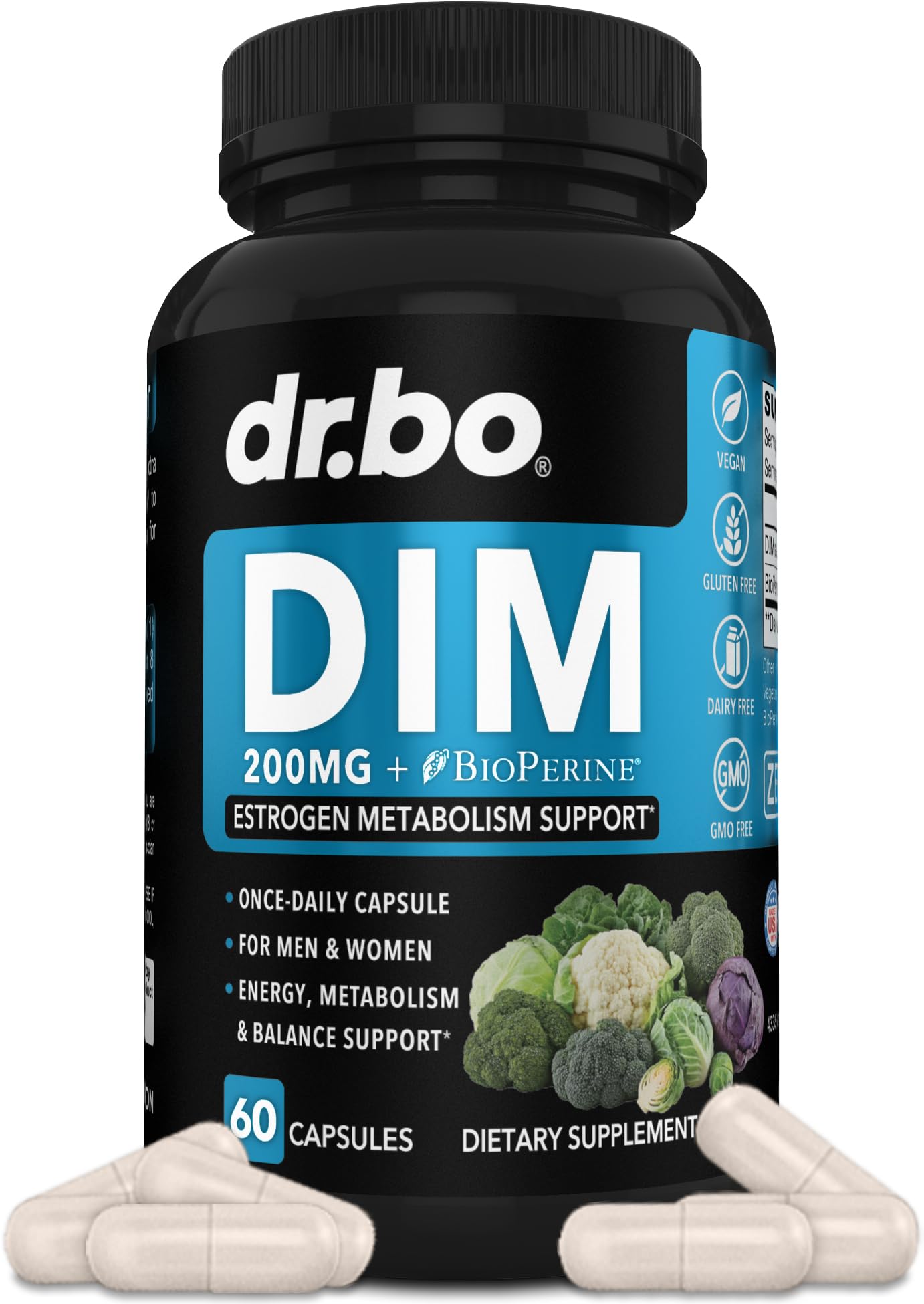 DIM Supplement for Women & Men 200mg - Androgen Estrogen Blocker for Men & Women, Hormonal Acne Pills, Hormone Balance, Menopause Support, Diindolylmethane DIM Supplement Plus BioPerine - 60 Capsules DR. BO Au supplements