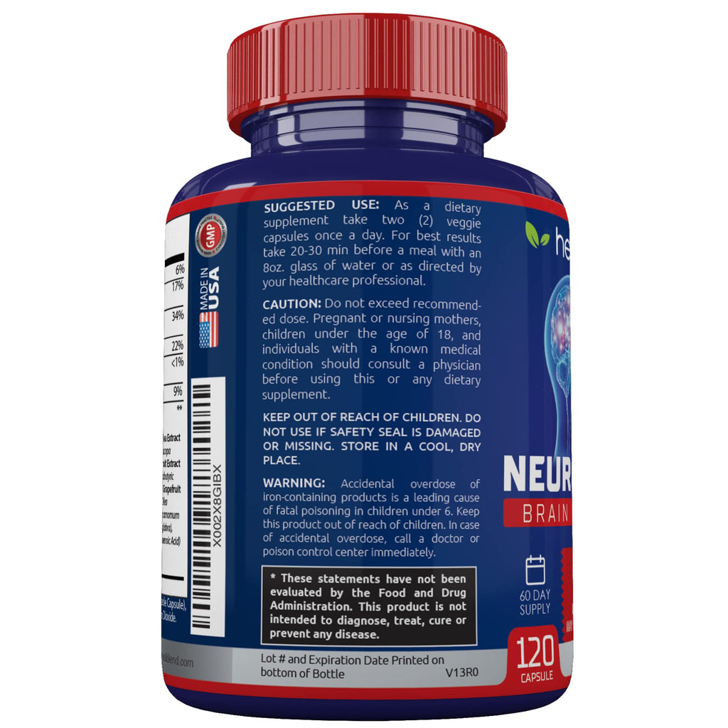 Neuro Plus Brain & Focus Formula - Nootropic Brain Booster Supplement, Supports Brain Health, Mental Clarity & Focus - Enhances Concentration & Mental Energy – 120 Capsules (1) healblend Au supplements