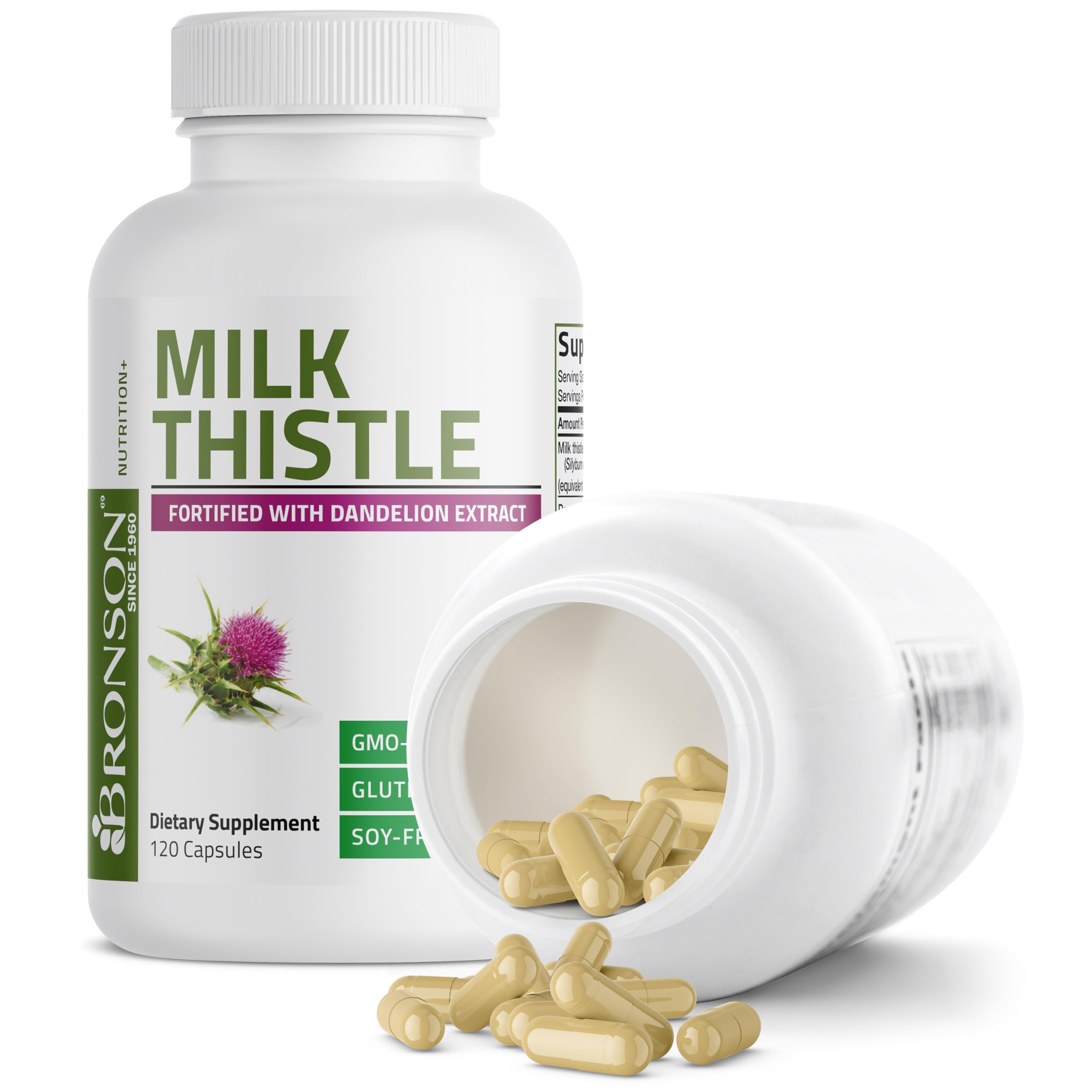Bronson Milk Thistle Silymarin Marianum & Dandelion Extract Liver Health Support, Antioxidant Support, Detox, 120 Capsules