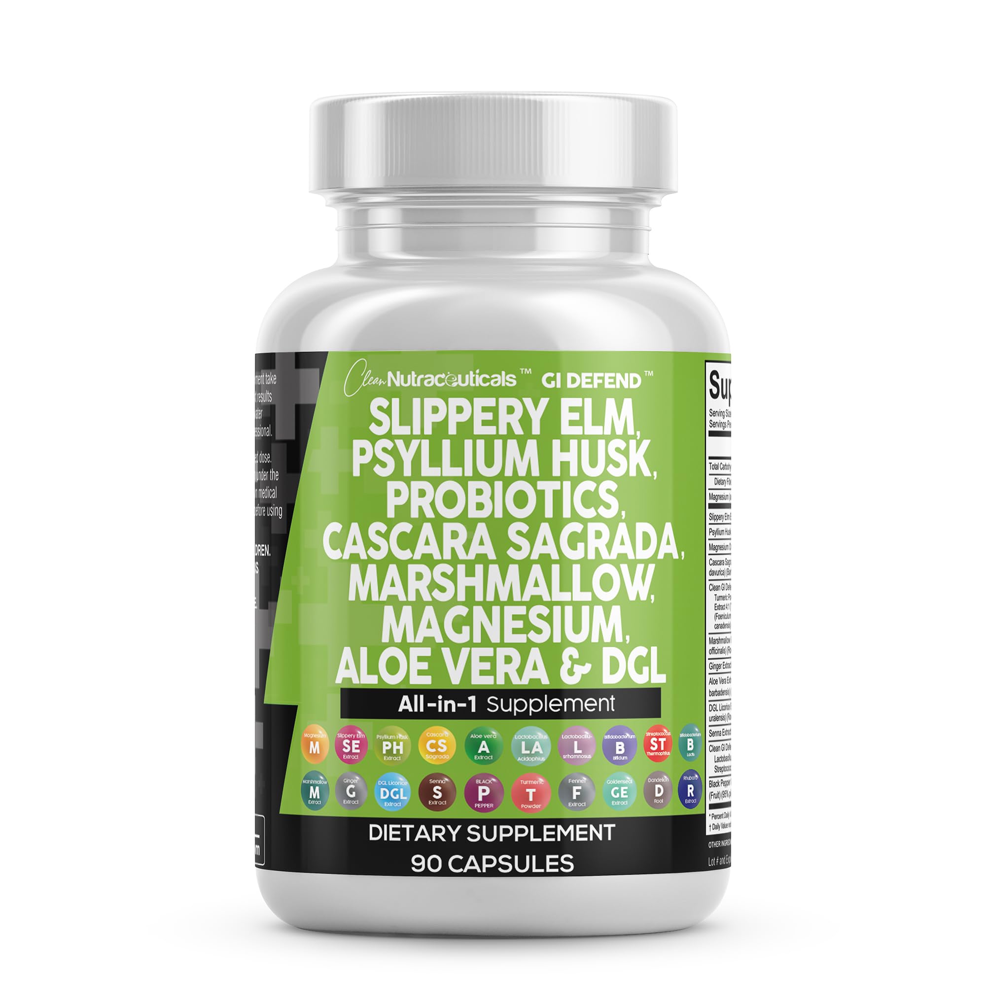 Clean Nutraceuticals Slippery Elm Psyllium Husk Pre Probiotic Digestive Gut Health Supplement with Aloe Vera Cascara Sagrada