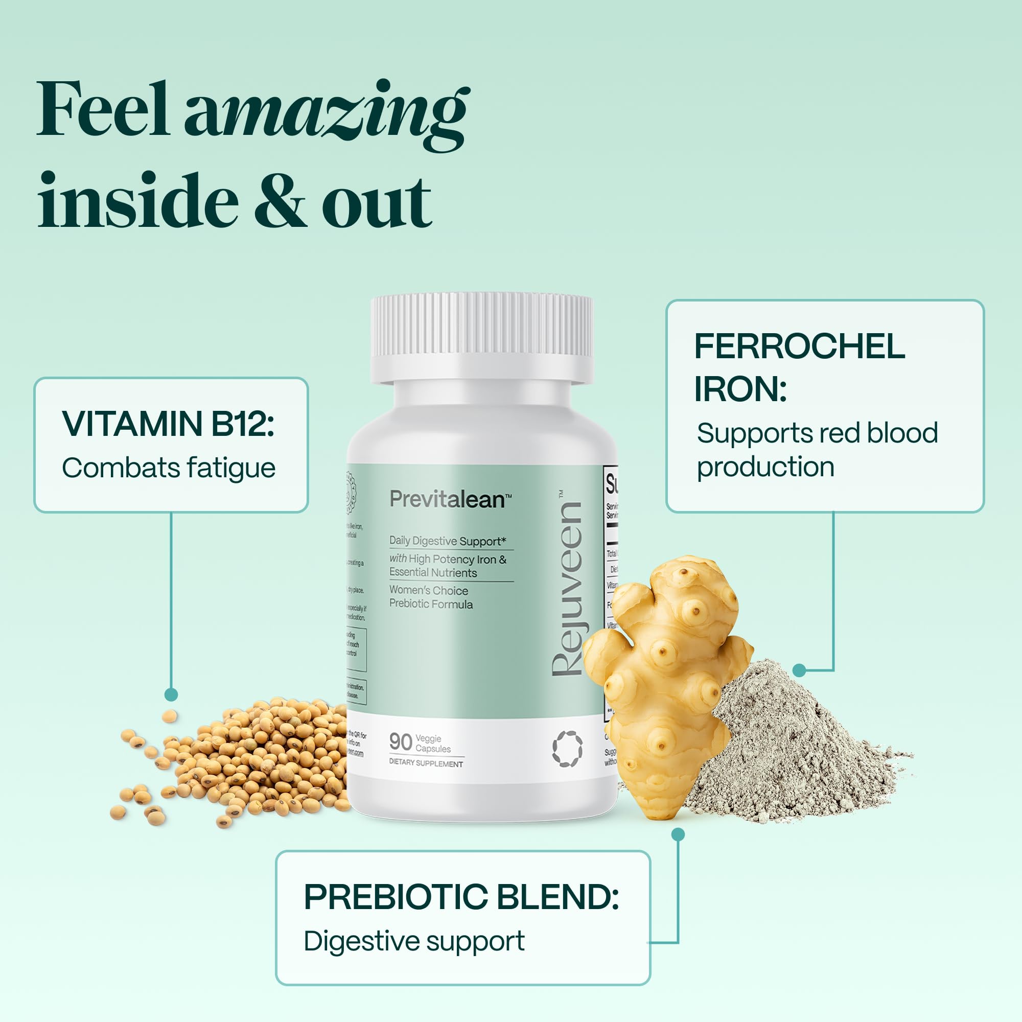 Rejuveen Previtalean | Prebiotic Fiber Supplement for Women | Supports Gut Health & Red Blood Cell Production | Contains Highly Bioavailable Iron