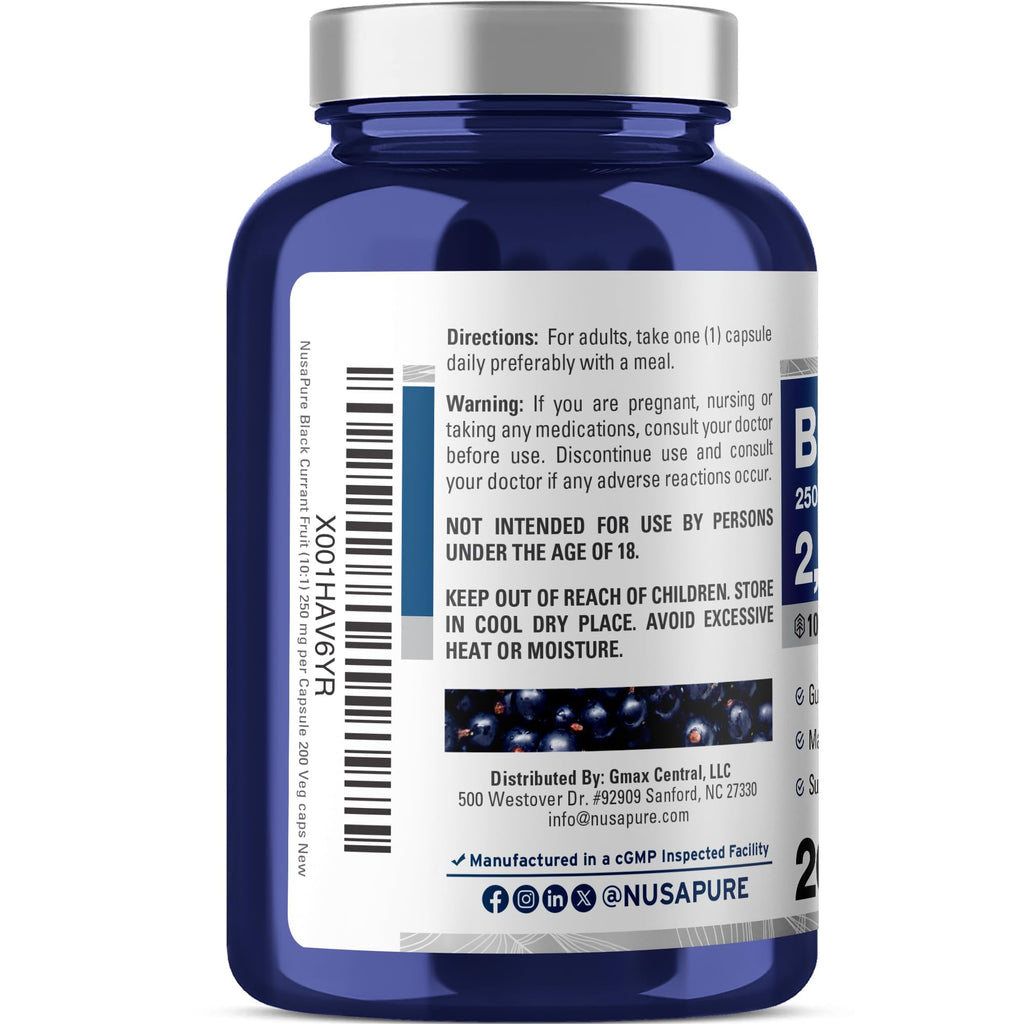 NusaPure Black Currant 10:1 Extract, 250 mg Equivalent to 2,500mg, per Veg Caps 200 Vegan, Non-GMO NusaPure Au supplements