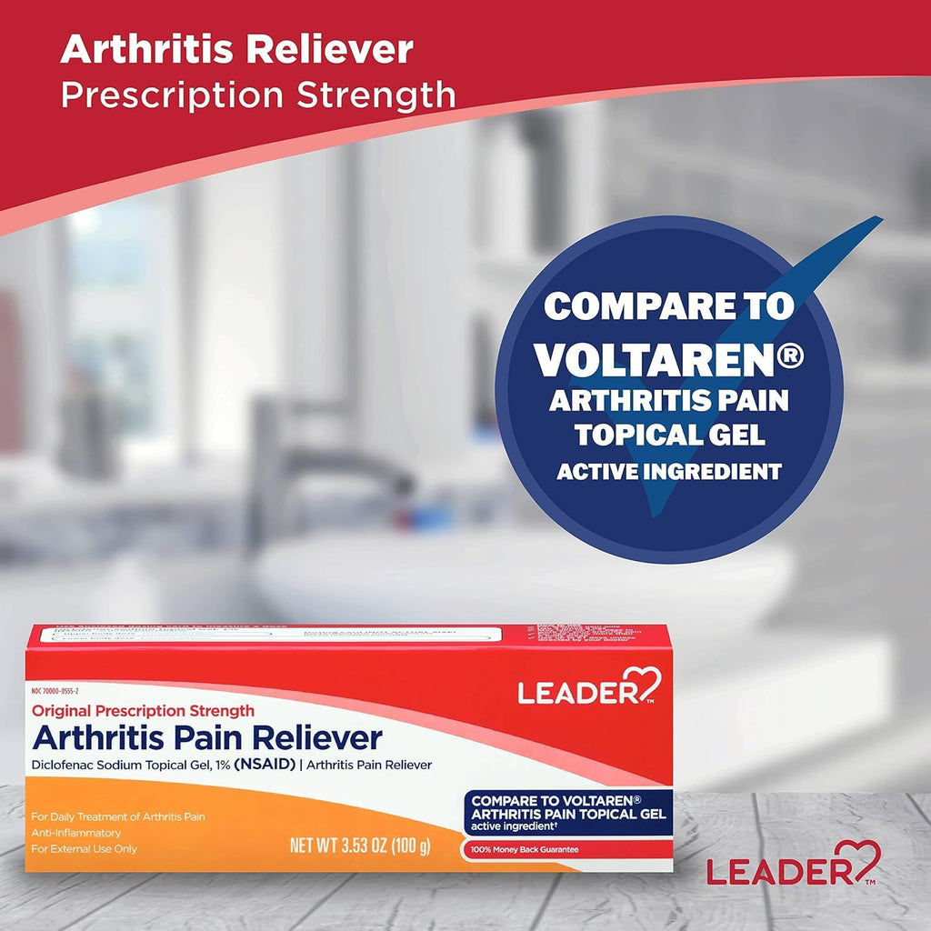 Leader Arthritis Pain Relief Gel, Original Prescription Strength, Diclofenac Sodium Topical Gel 1%, for Adults, Both Men & Women, and Children 12+, Compare to Voltaren, 3.53 Oz Leader Au supplements