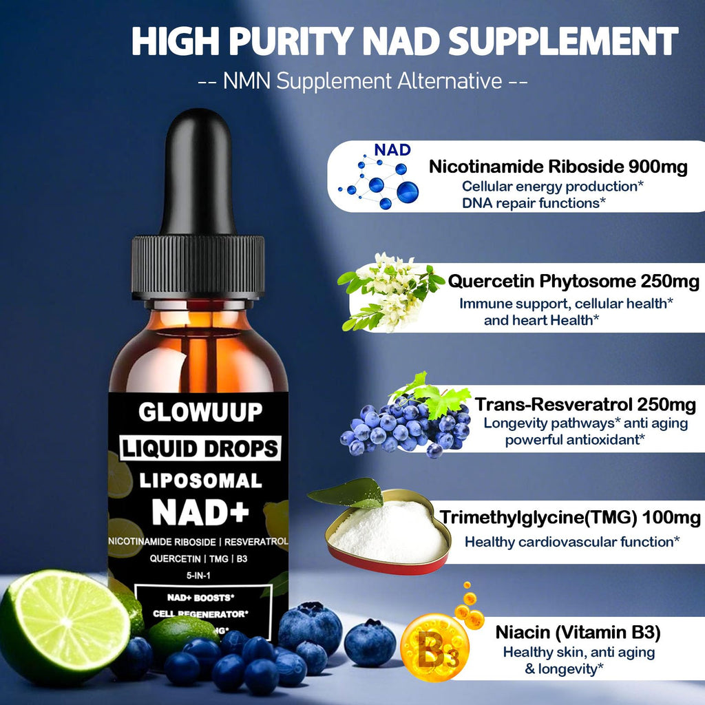 NAD Supplements for Women & Men, Liposomal NAD Nicotinamide Riboside Resveratrol 900mg w. B3 Vitamin Quercetin TMG, Liquid Resveratrol NAD Plus Supplement for Anti-Aging Energy Focus Longevity GLOWUUP Au supplements