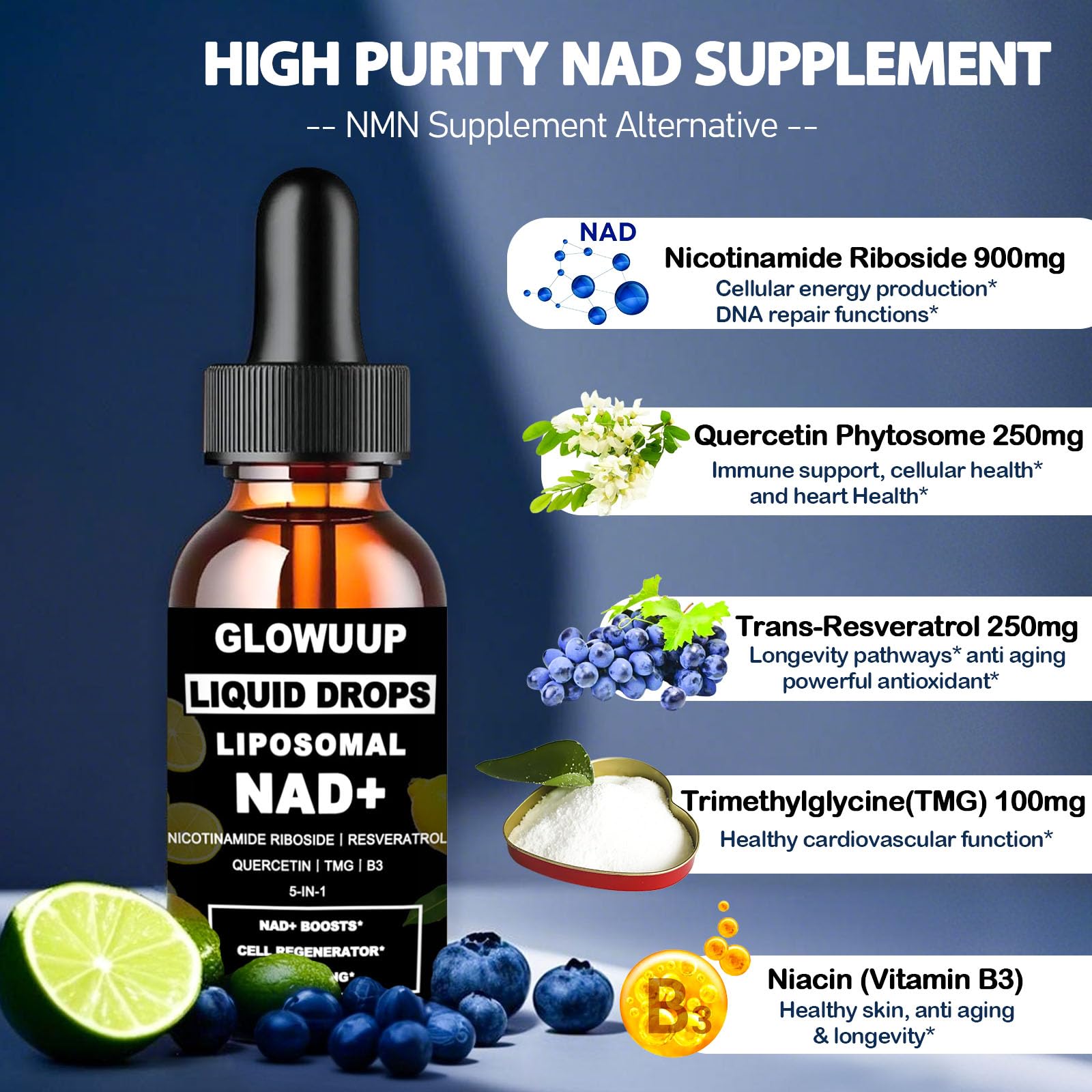 NAD Supplements for Women & Men, Liposomal NAD Nicotinamide Riboside Resveratrol 900mg w. B3 Vitamin Quercetin TMG, Liquid Resveratrol NAD Plus Supplement for Anti-Aging Energy Focus Longevity GLOWUUP Au supplements