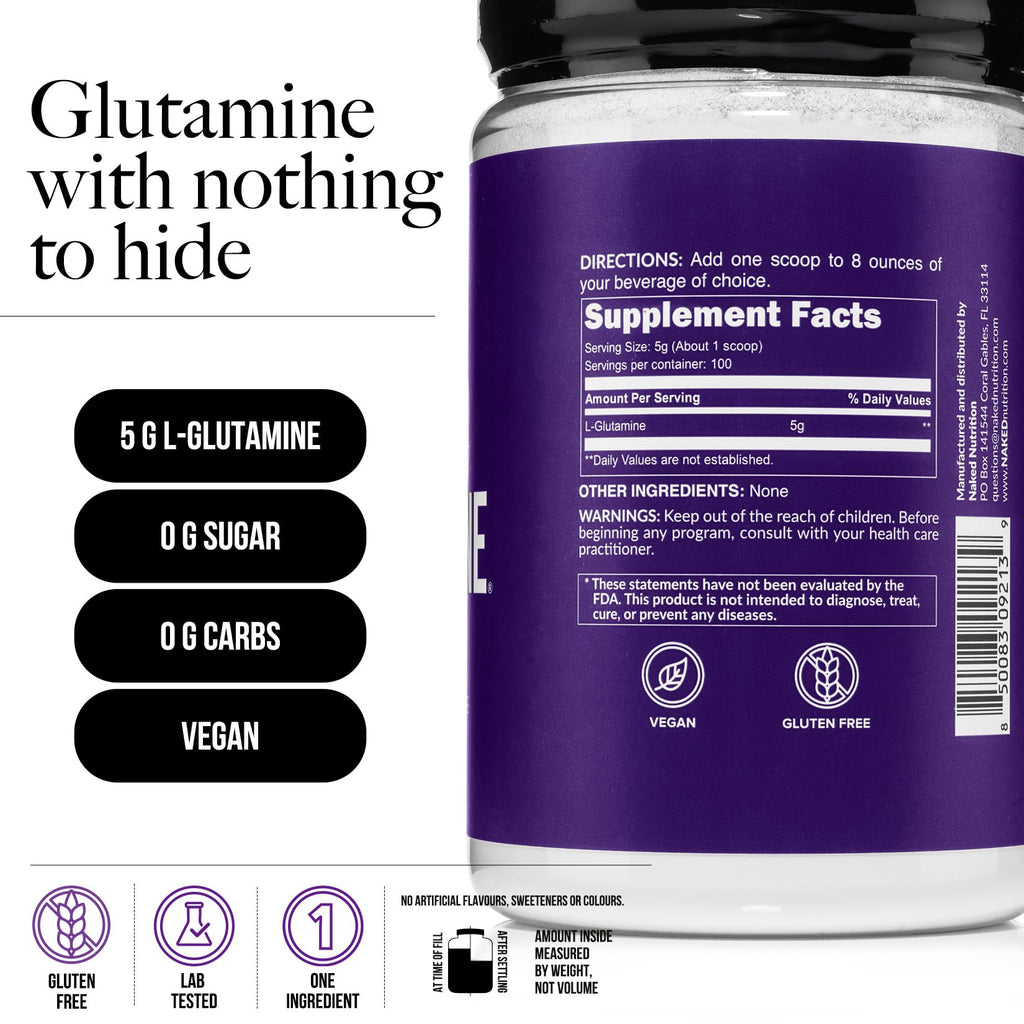 Pure L-Glutamine Made in The USA - 100 Servings - 500g, 1.1lb Bulk, Vegan, Non-GMO, Gluten and Soy Free. Minimize Muscle Breakdown & Improve Protein Synthesis. No Additives