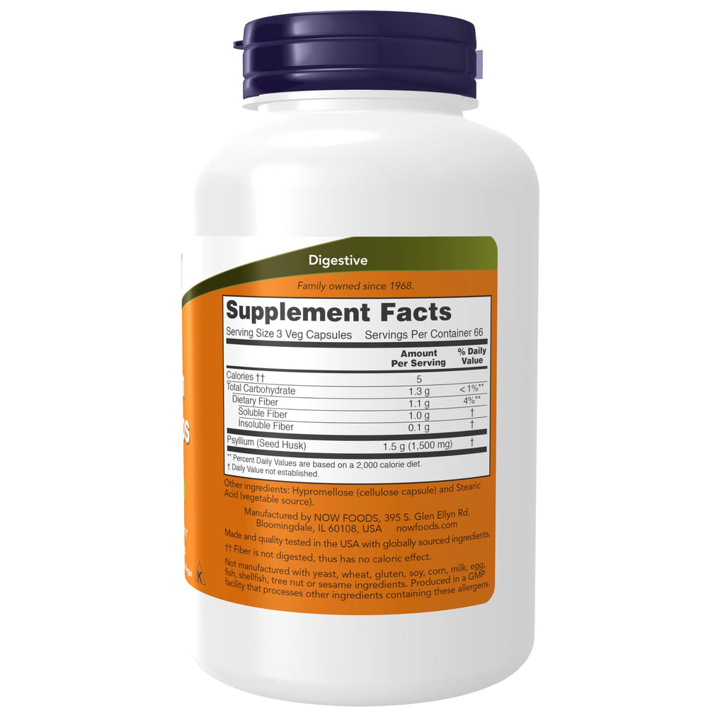 NOW Foods Supplements, Psyllium Husk Caps 500 mg, Non-GMO Project Verified, Natural Soluble Fiber, Intestinal Health*, 200 Veg Capsules