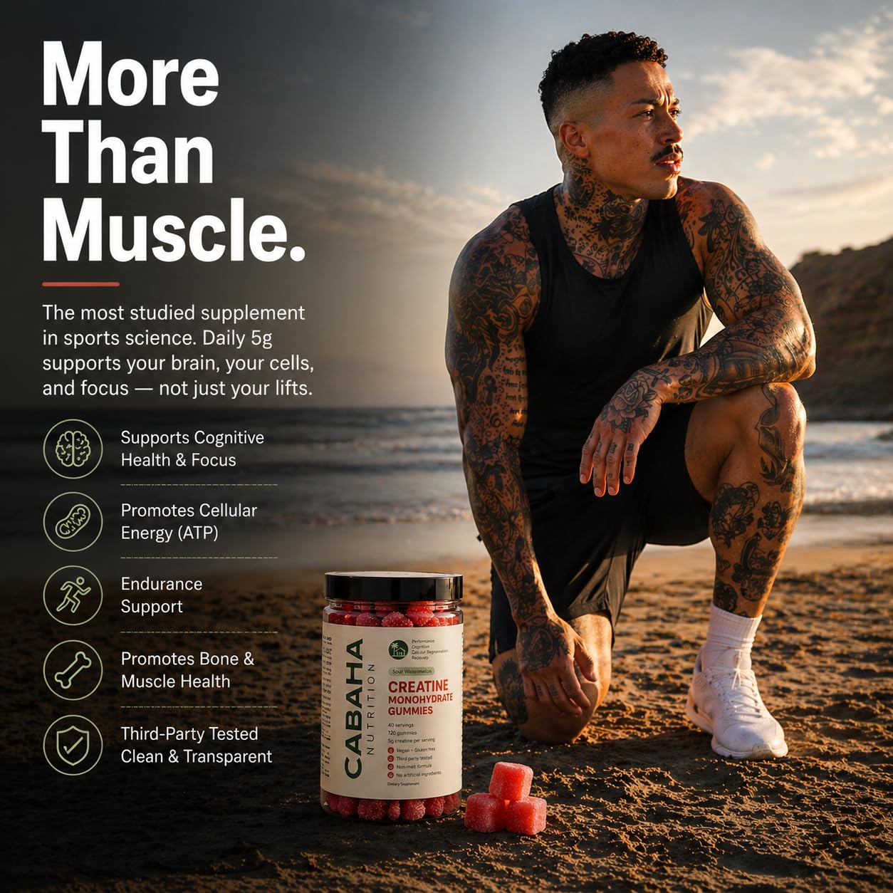 Creatine Monohydrate Gummies 5g - Only 2g Sugar, Made in USA - Sour Watermelon Flavor - Vegan & 3rd Party Tested - Pre & Post Workout Supplement for Women and Men (120 Count, 40 Servings)