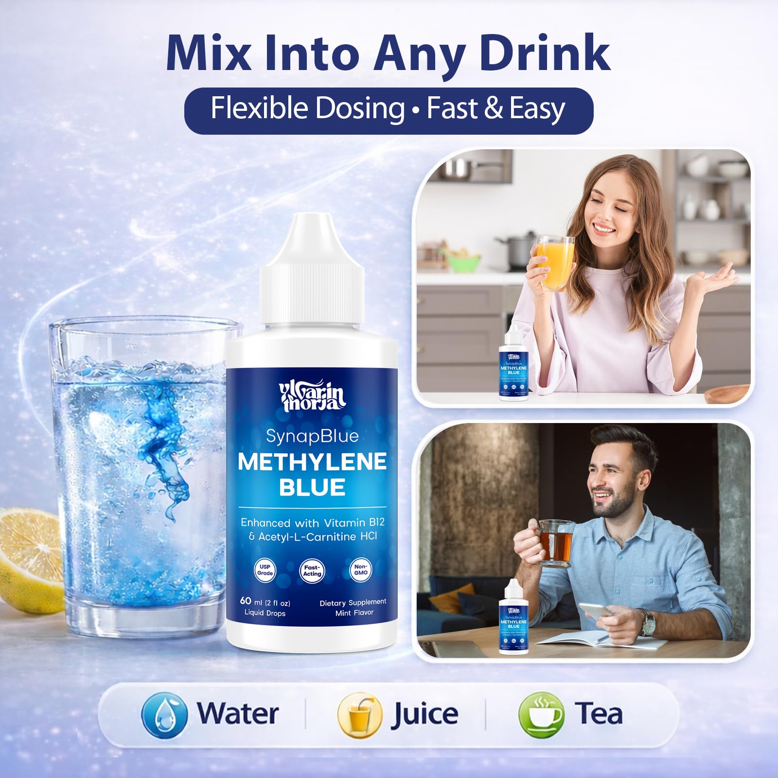 Methylene Blue Drops for Humans, 1% USP Grade – Dropper-Free No-Touch Bottle, Brain Supplement for Memory and Focus – Fast-Acting Nootropic with Methyl B12 & ALCAR – Caffeine-Free, Mint Flavor, 2oz YLVARIN THORIA Au supplements