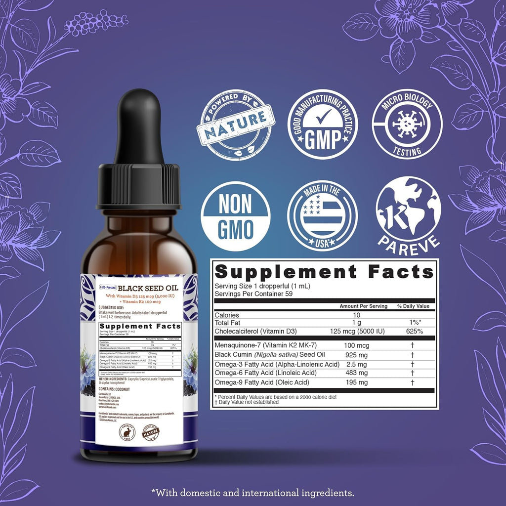 GuruNanda Black Seed Oil, Cold-Pressed Nigella Sativa - Rich in Vitamin D3 5000 Units, K2 & E, High Thymoquinone | Potent Antioxidant