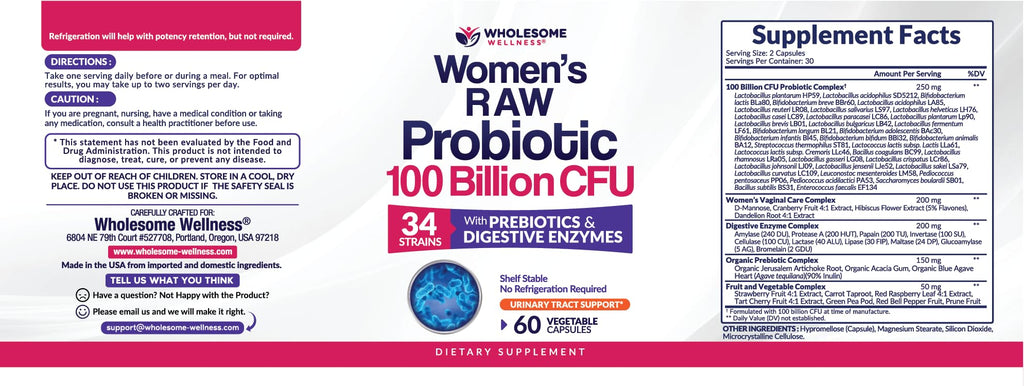 Wholesome Wellness Dr. Formulated Raw Probiotics for Women 100 Billion CFUs Capsules with Prebiotics, Digestive Enzymes