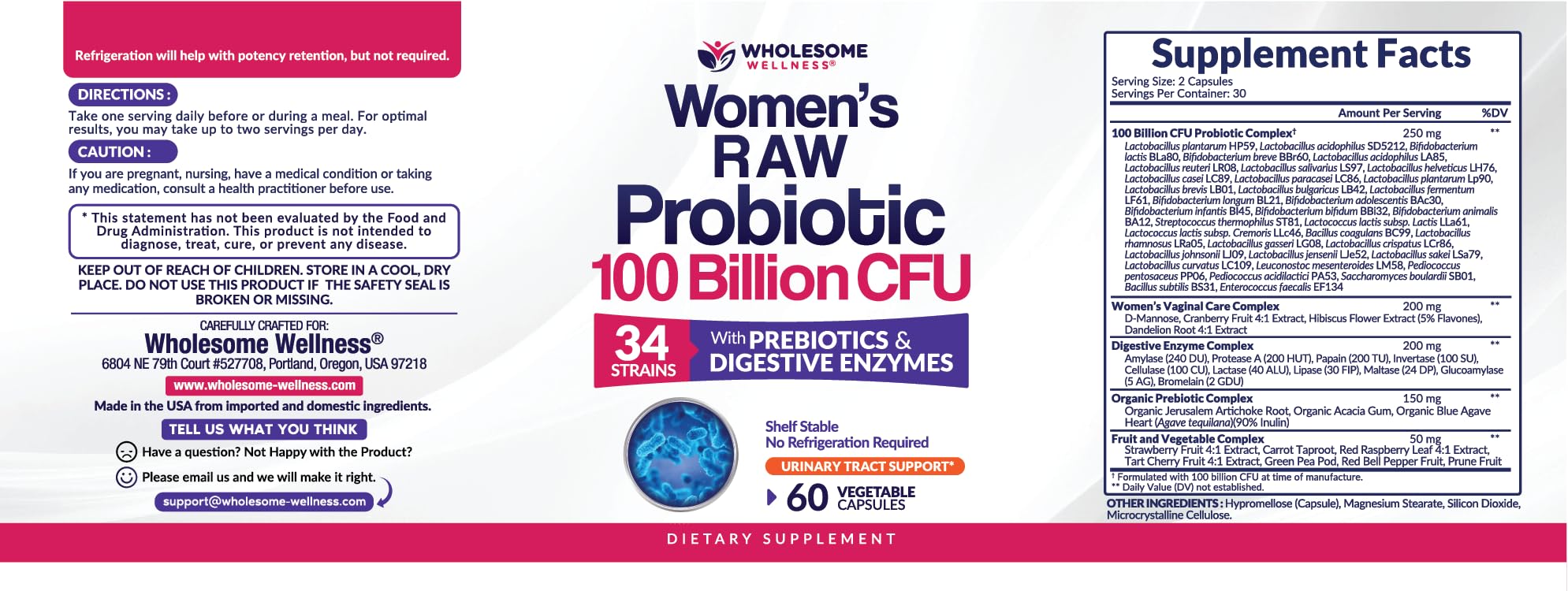 Wholesome Wellness Dr. Formulated Raw Probiotics for Women 100 Billion CFUs Capsules with Prebiotics, Digestive Enzymes