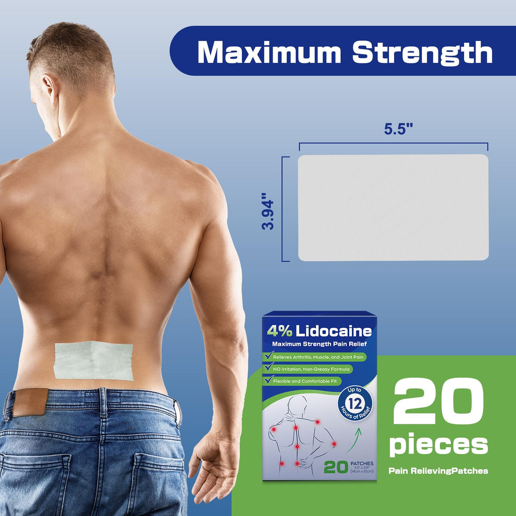 Uposiut 4% Lidocaine Patches - 20 Count Maximum Strength Lidocaine Patches, 10 Packs of 2 Patches for Muscle Pain Relief in The Neck, Shoulders, Back, Knees, and Anks, 12 Hour Pain Relief-012345 Uposiut Au supplements
