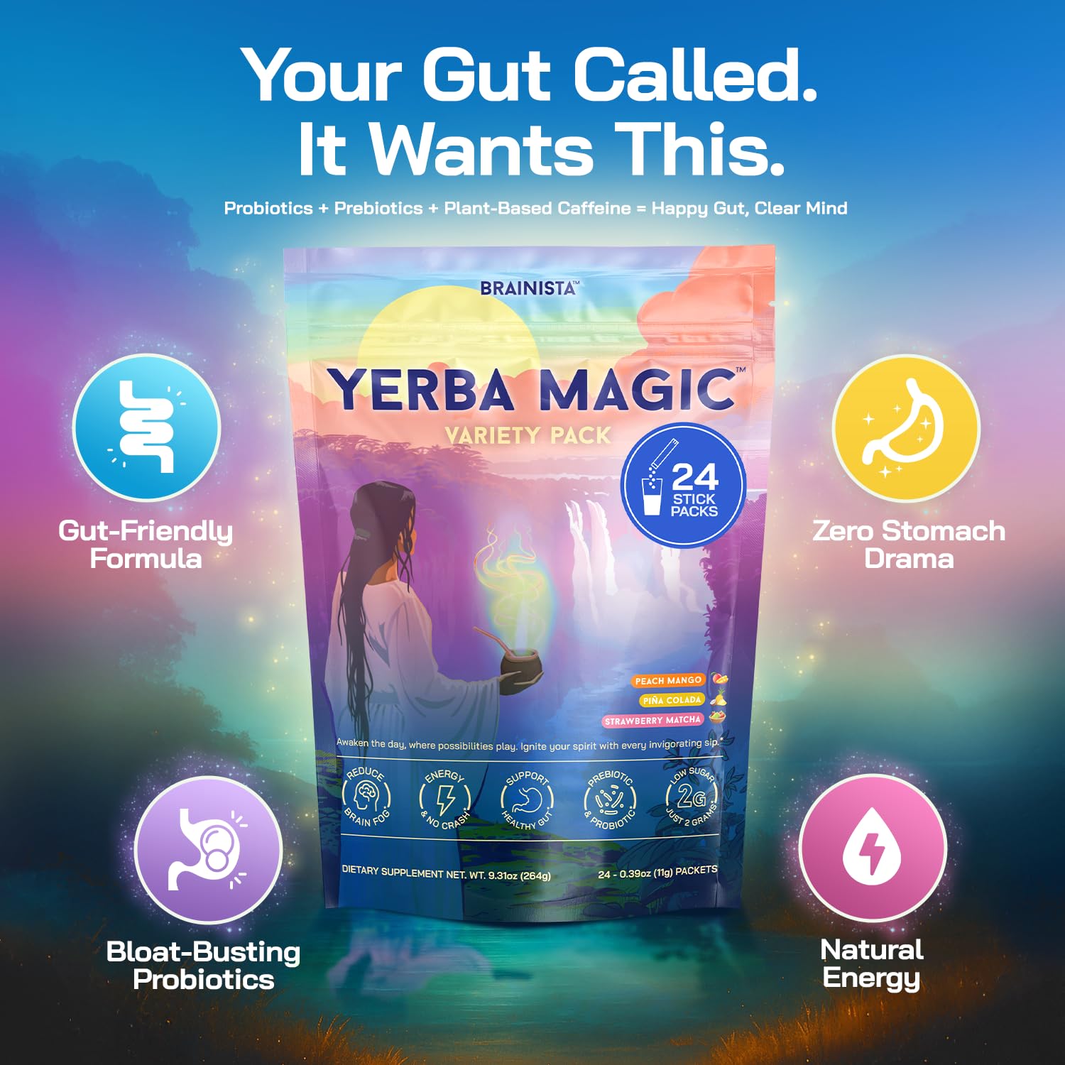 Yerba Magic Instant Yerba Mate Powder Packets – Clean Energy & Focus Drink Mix for Gut Health – Nootropic Blend with Lion’s Mane, L-Theanine, Prebiotics & Probiotics – Low Sugar Natural Caffeine – Variety Pack, 24 Sticks Brainista Au supplements