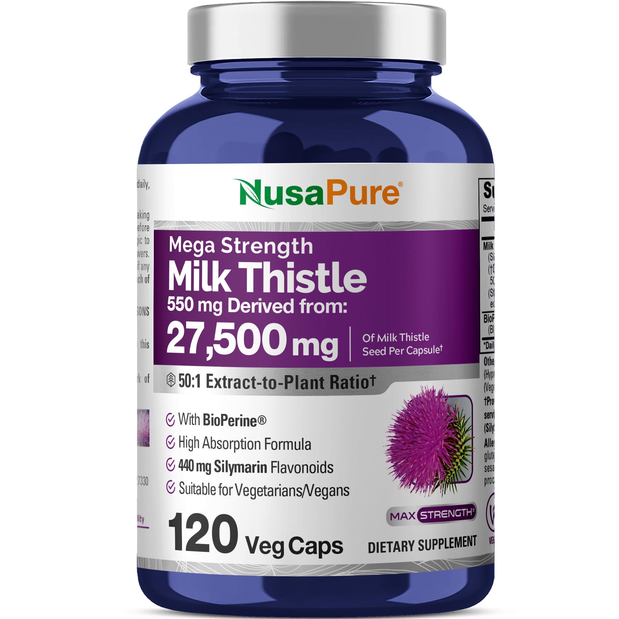 NusaPure Milk Thistle 50:1 Extract, 550 mg Equivalent to 27,500mg 120 Veggie Capsules Non-GMO, Vegan Max Strength - Standardized 80% Silymarin, Bioperine NusaPure Au supplements