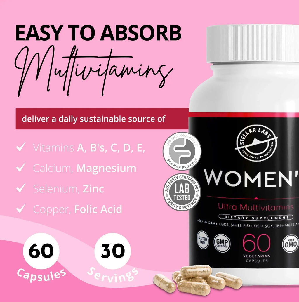 Stellar Labs Low FODMAP Vegan Women's Ultra Multi-Vitamin | Easy to Digest Daily Multivitamin Without Iron | Low Energy Supplement, Female Support | Stellar Labs Au supplements