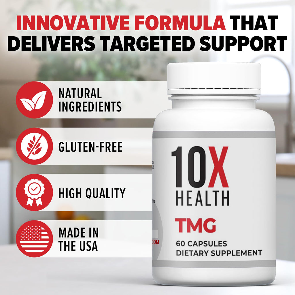 10X Health TMG Supplements - Trimethylglycine Supplement for Liver Support, Heart Wellness, Energy, Homocysteine Levels - TMG Capsules with Betaine Anhydrous