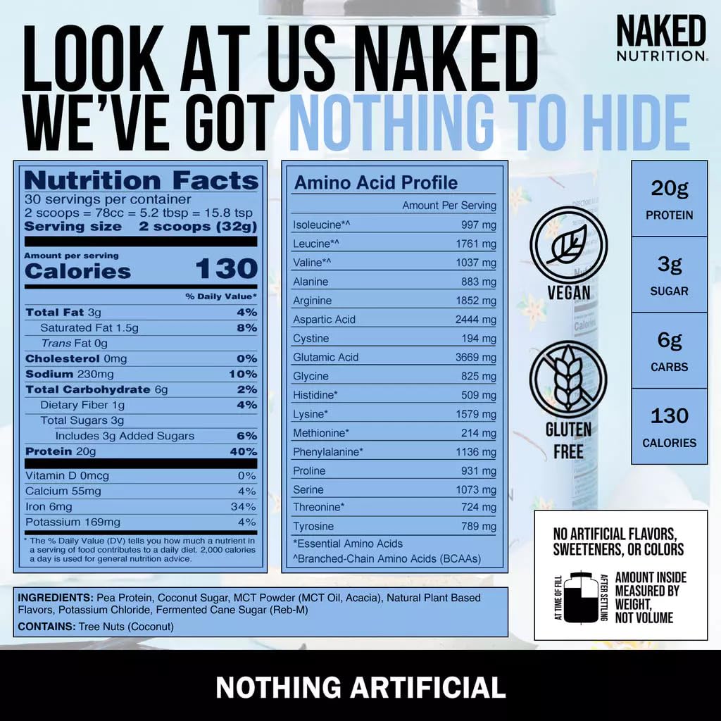 NAKED Shake - Vanilla Protein Powder - Plant Based Protein Shake with Mct Oil, NSF Certified, Gluten-Free, Soy-Free, No Gmos Or Artificial Sweeteners - 30 Servings