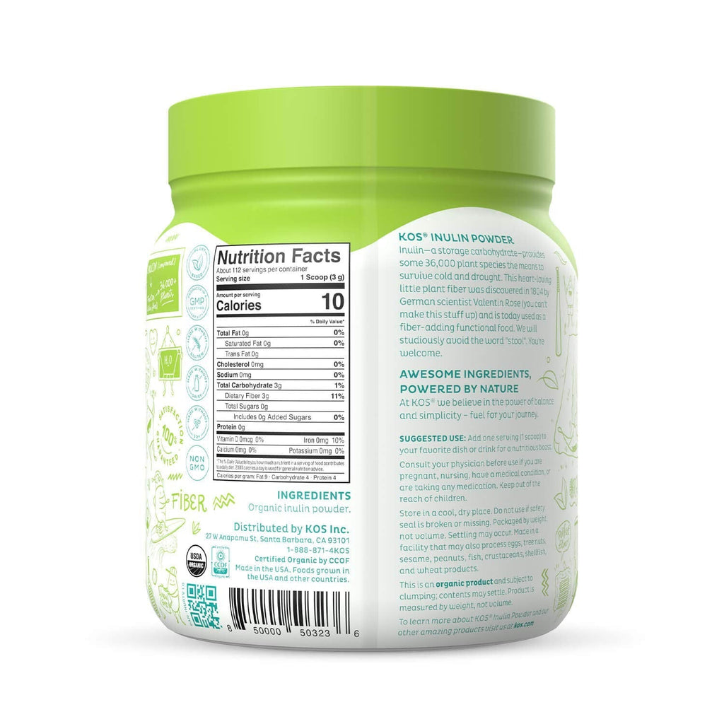 KOS Organic Inulin Powder, Unflavored & Unsweetened Superfood - Vegan Inulin for Prebiotic Intestinal Support, Digestive Health Promoting - USDA Certified, Non-GMO