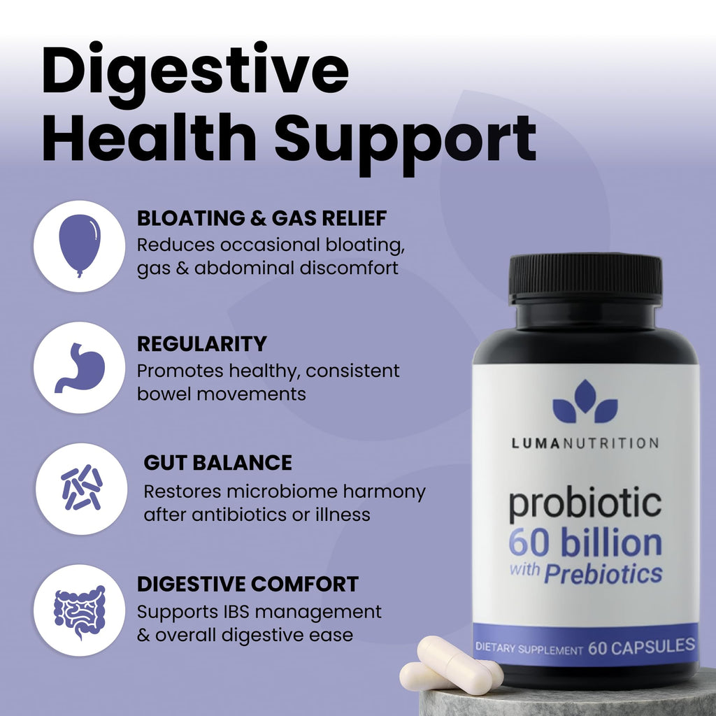 Luma Nutrition Probiotics 60 Billion CFU with Prebiotics - Probiotics for Women and Men - Formulated for Digestive Enzyme Health - Vegan & Gluten-Free - 60 Capsules Luma Nutrition Au supplements
