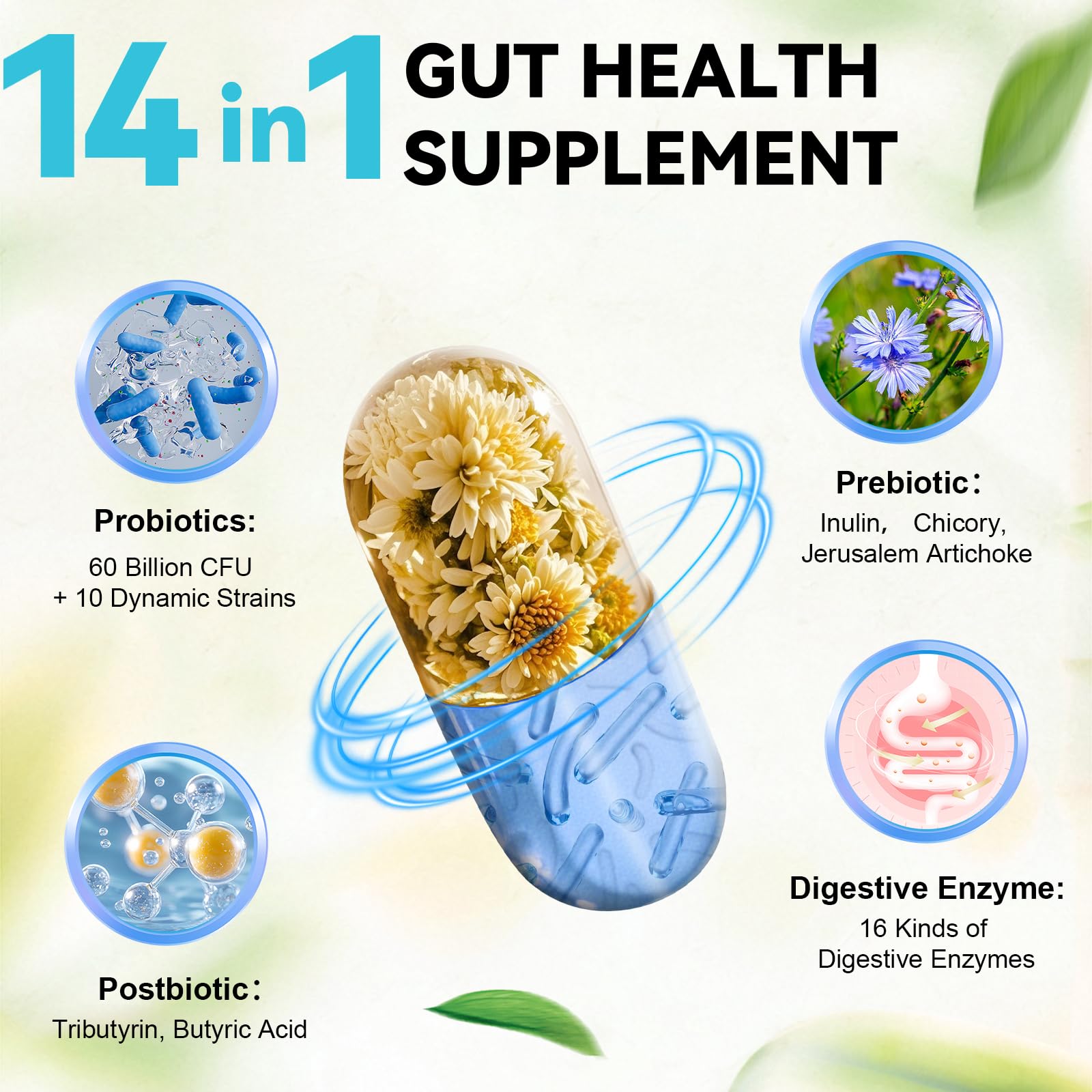 14-in-1 Gut Health with Probiotics, Prebiotics, Postbiotics & Digestive Enzymes for Women & Men, 60 Billion CFU Probiotics for Digestion, Strong Immunity,