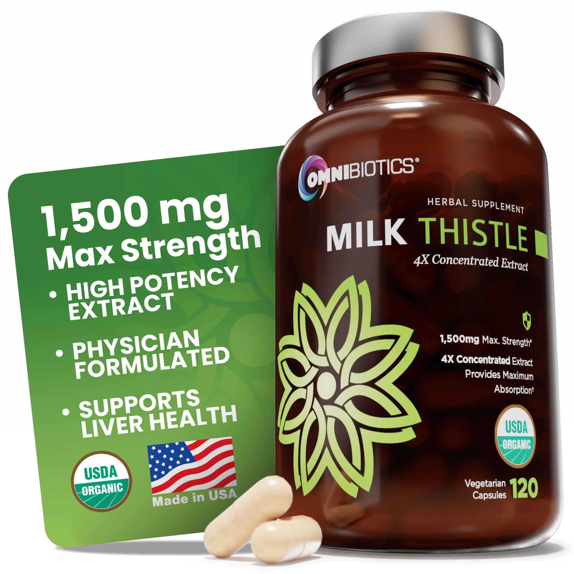 OmniBiotics Organic Milk Thistle Supplement 1500mg – 4X Concentrated Extract with Silymarin – High Potency Liver Detox & Support