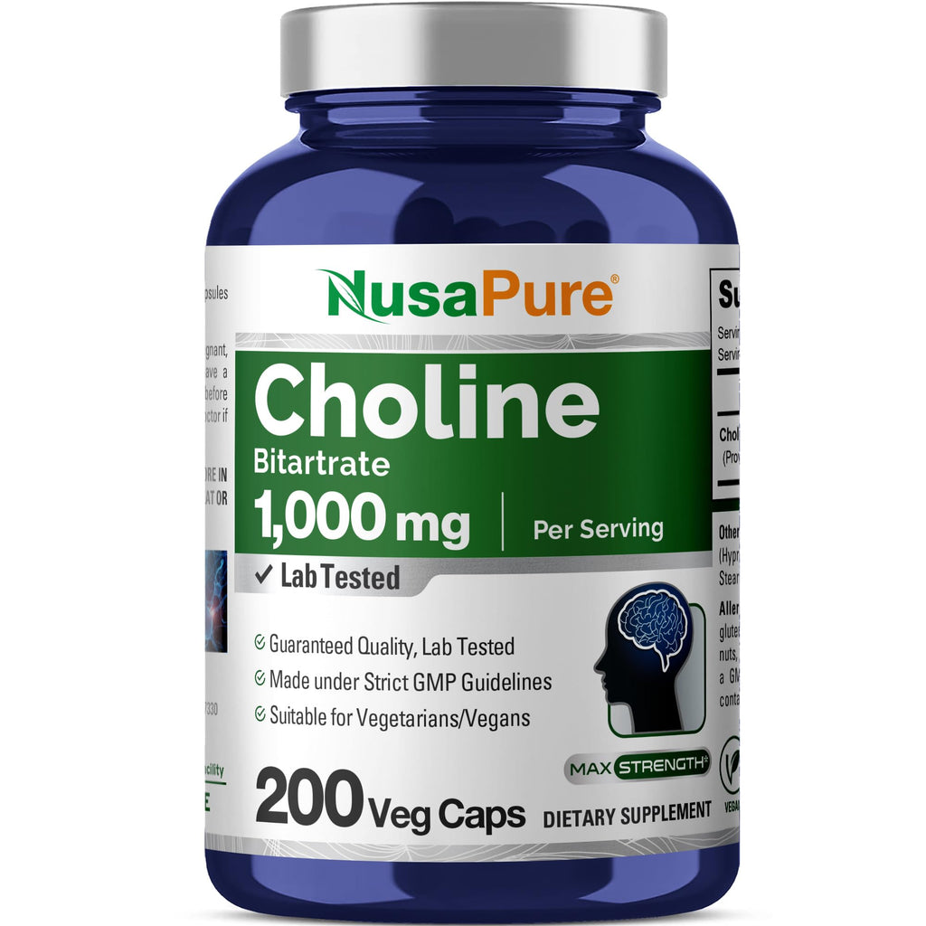 NusaPure Choline Bitartrate - Suitable for Vegetarian/Vegan, Non - GMO - 1000 mg 200 Capsules NusaPure Au supplements