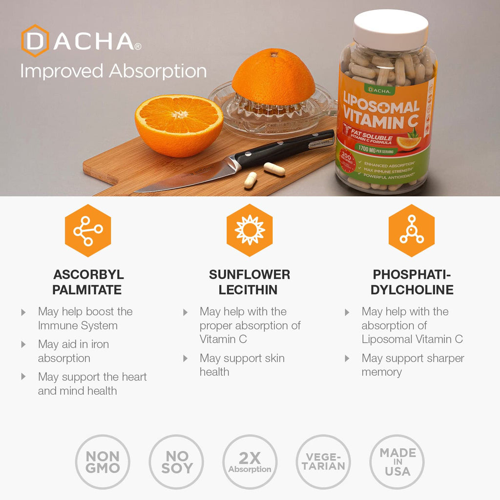 DACHA Natural Liposomal Vitamin C - 1700mg, 200 Capsules, Immune System & Collagen Booster, High Absorption Fat Soluble VIT C