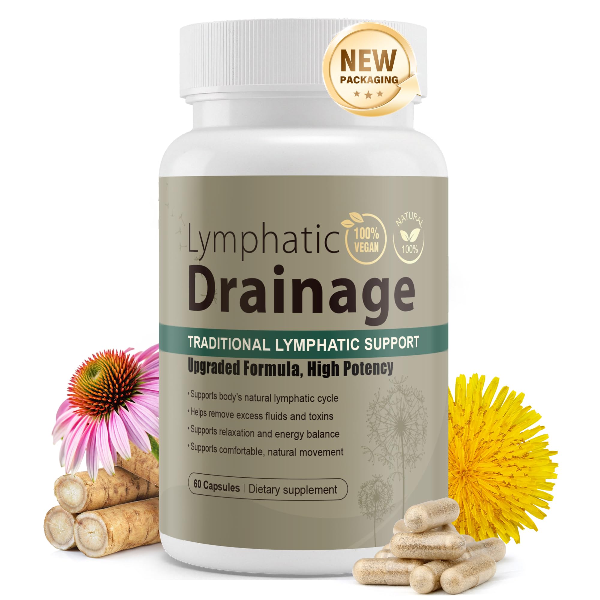 Lymphatic Drainage Capsules Natural Herbal Supplement for Immune Health & Fluid Balance, with Echinacea, Dandelion, and Burdock 60 Capsules