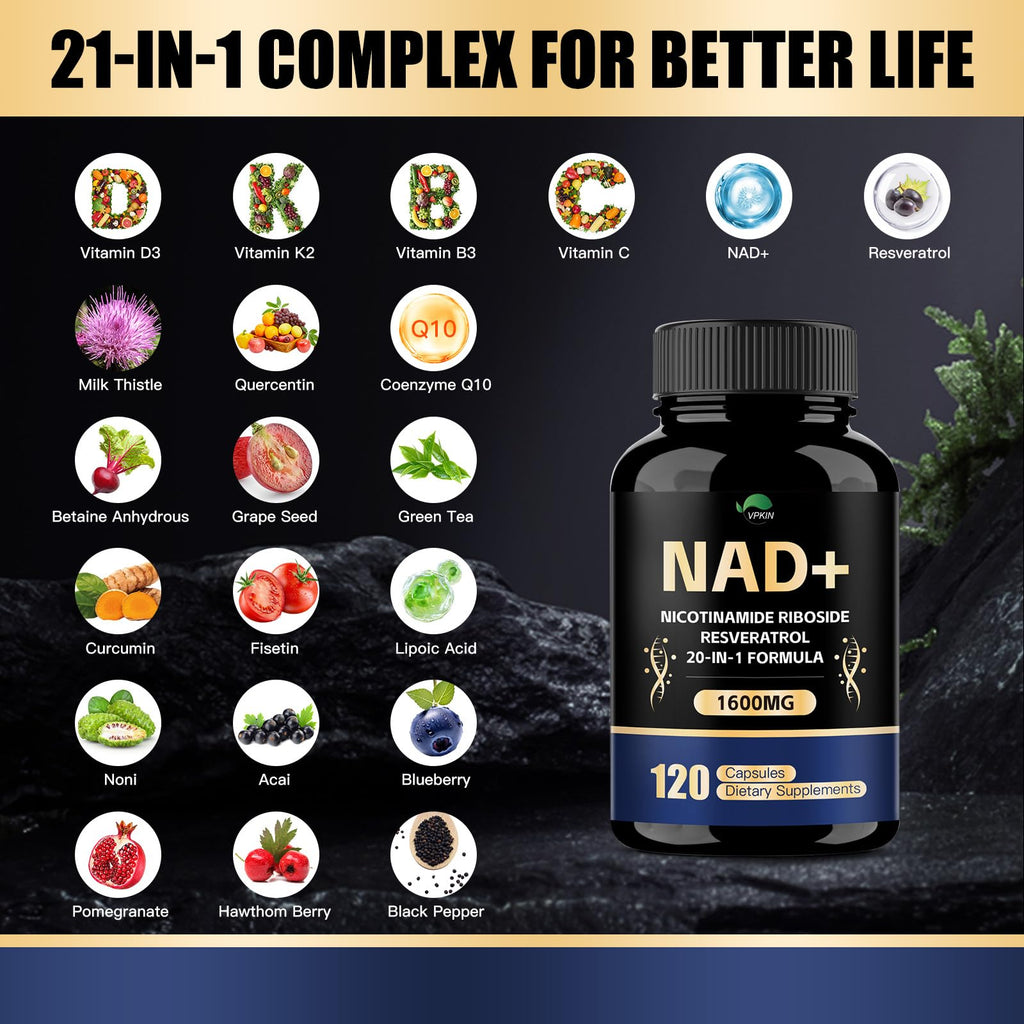 VPKIN NAD Supplement,1500mg NAD+ Supplement with Resveratrol,Nicotinamide,Quercetin,CoQ10,Support Energy & Repair, Vitality,Non-GMO, No Fillers(120 Capsules) VPKIN Au supplements