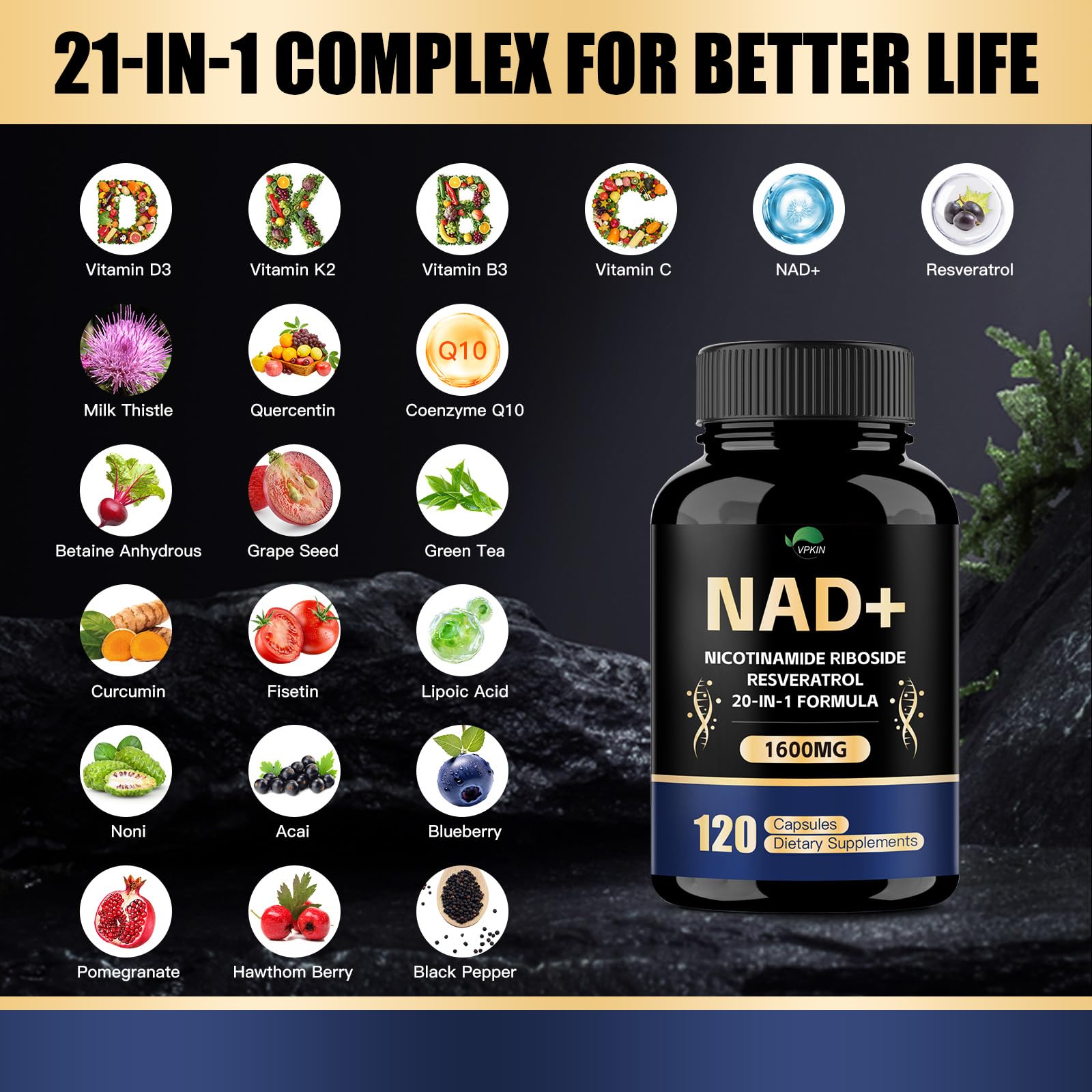 VPKIN NAD Supplement,1500mg NAD+ Supplement with Resveratrol,Nicotinamide,Quercetin,CoQ10,Support Energy & Repair, Vitality,Non-GMO, No Fillers(120 Capsules) VPKIN Au supplements