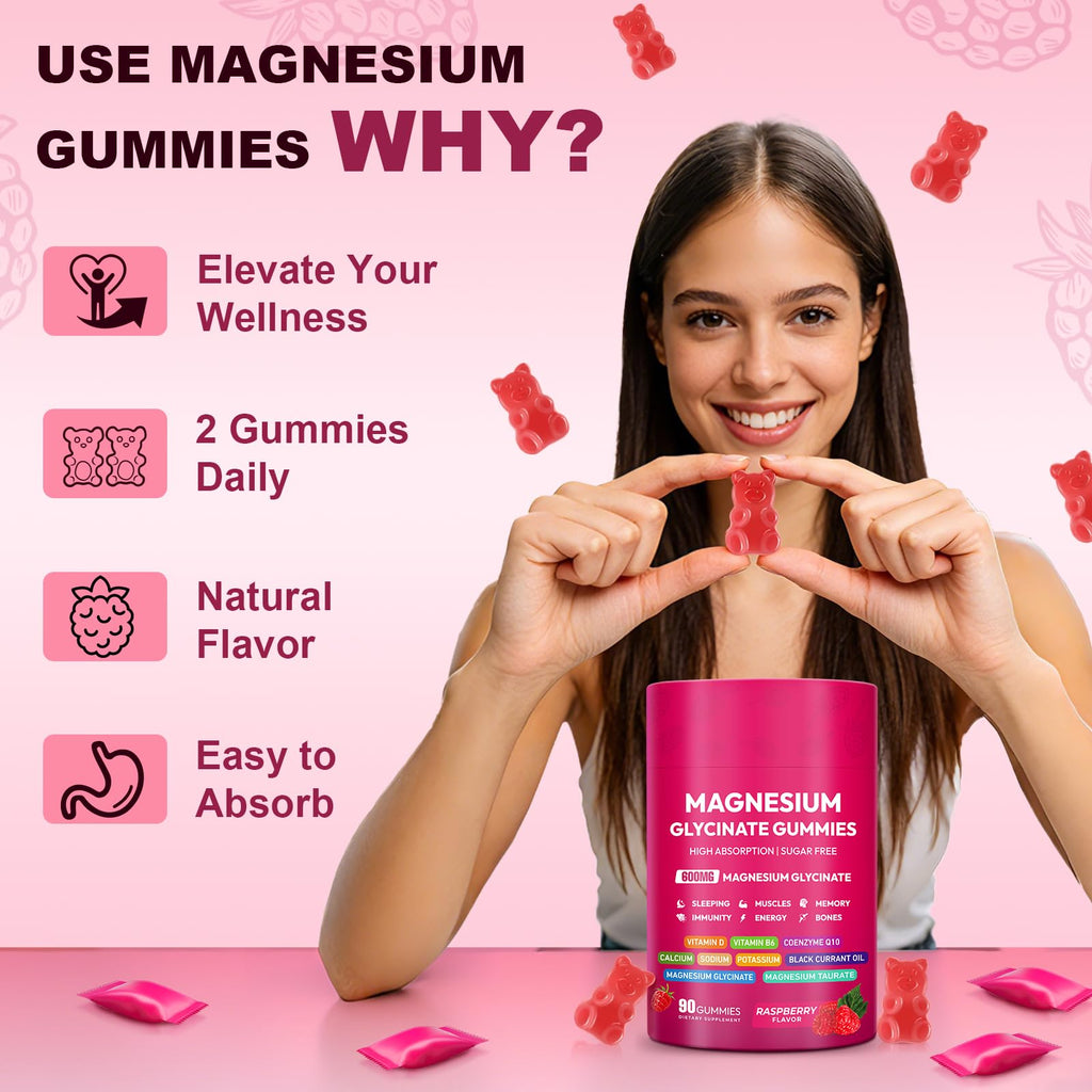 Magnesium Glycinate Gummies 600mg, High Absorption Magnesium Complex, Sugar Free Chewables Gummies with VitaminD & B6