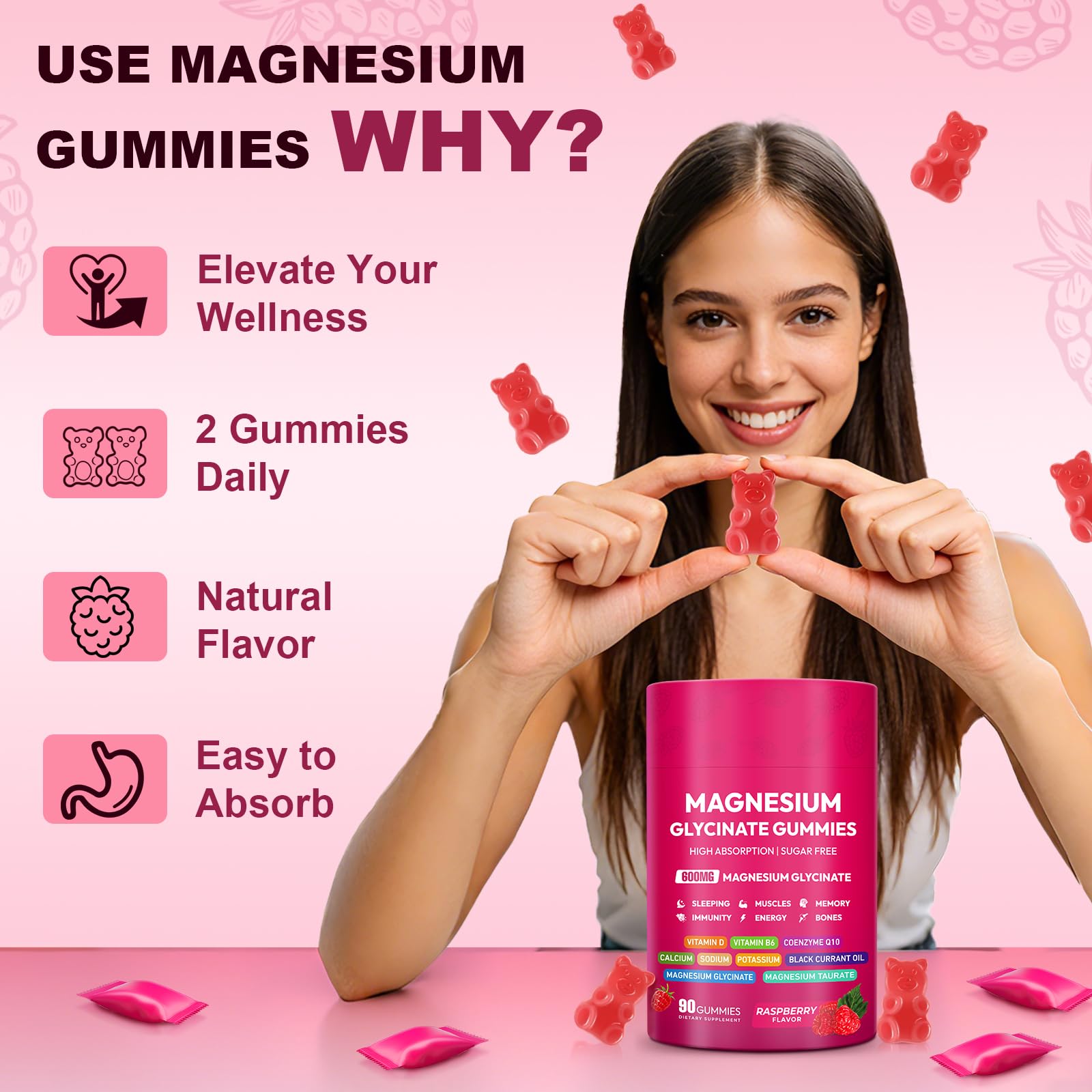 Magnesium Glycinate Gummies 600mg, High Absorption Magnesium Complex, Sugar Free Chewables Gummies with VitaminD & B6
