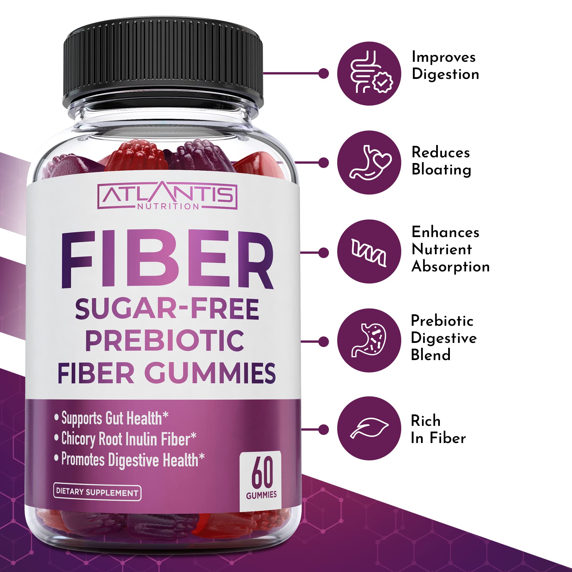 Atlantis Nutrition Sugar Free Fiber Gummies for Adults - 5G Fiber Supplement Formulated with 5.4G Prebiotic Digestive Blend/Serving - Supports Gut Health & Healthy Digestion
