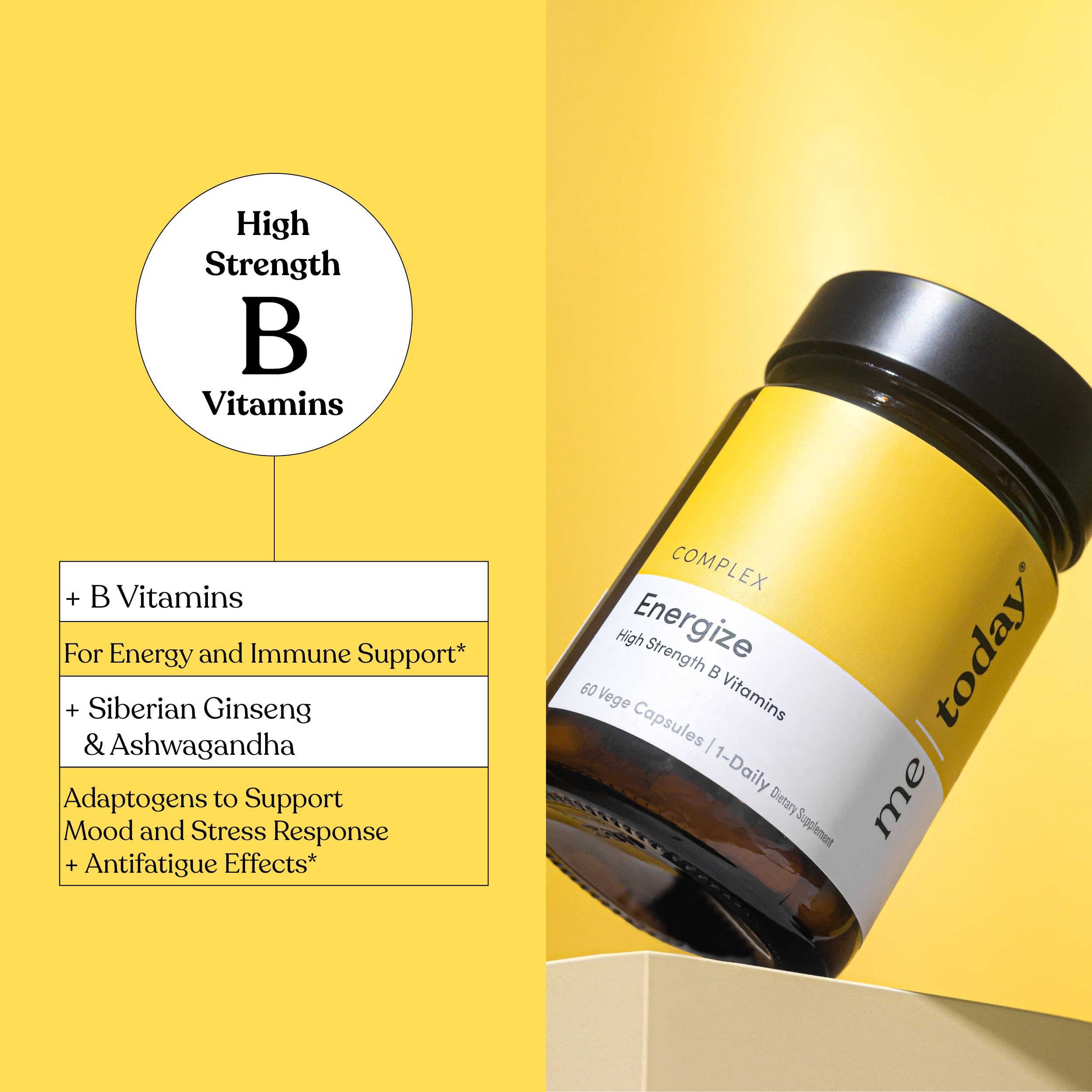me today Energise Supplement Super B Vitamin B Complex for Men & Women - B6, B12 with Vitamin C, Zinc, Ashwagandha and Siberian Ginseng