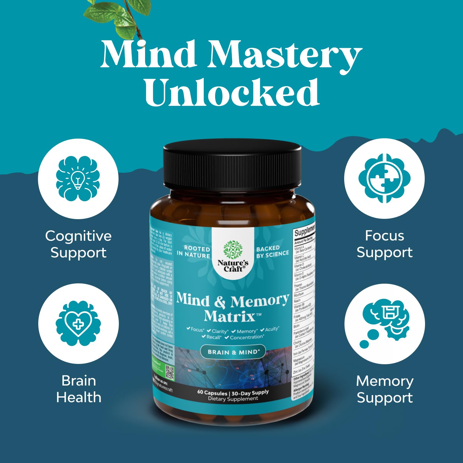 Nootropic Brain Supplement for Memory and Focus Enhancement - Vitamins for Mental Health & Clarity with VIT A, B6, Riboflavin, Niacin, Thiamin & Folate - Cognitive Complex for Mind Vitality - 60 Ct Natures Craft Au supplements