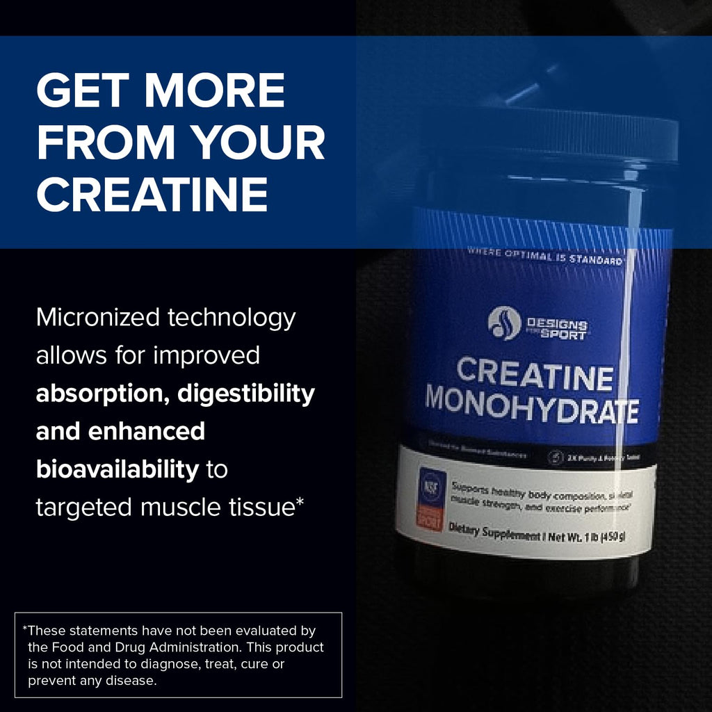 Designs for Sport Micronized Creatine Monohydrate Unflavored Powder - NSF Certified for Sport, 90 Servings, Supports Muscle Recovery, Brain Health, Pre and Post Workout Strength Designs for Sport Au supplements