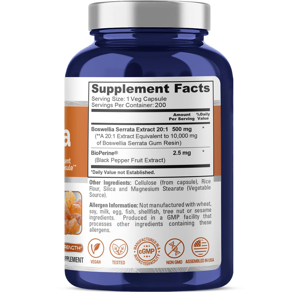 NusaPure Boswellia Serrata 10,000 mg Per Veggie Caps 200 Count (Ext. 20:1, Non-GMO, Vegan, Bioperine) Ayurvedic Herb: Indian Olibanum, Frankincense NusaPure Au supplements