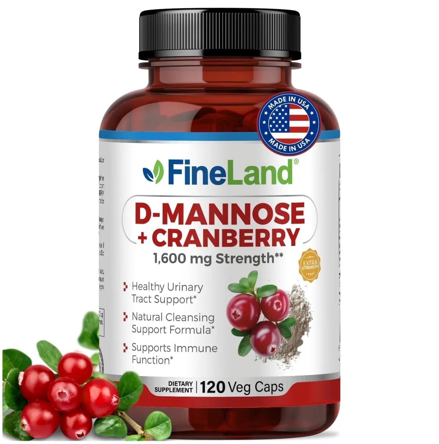 FineLand D-Mannose + Cranberry – 1600mg per Serving – 120 Vegan Capsules – Urinary Tract & Bladder Health Support – Non-GMO, Gluten-Free, Made in USA FineLand Au supplements