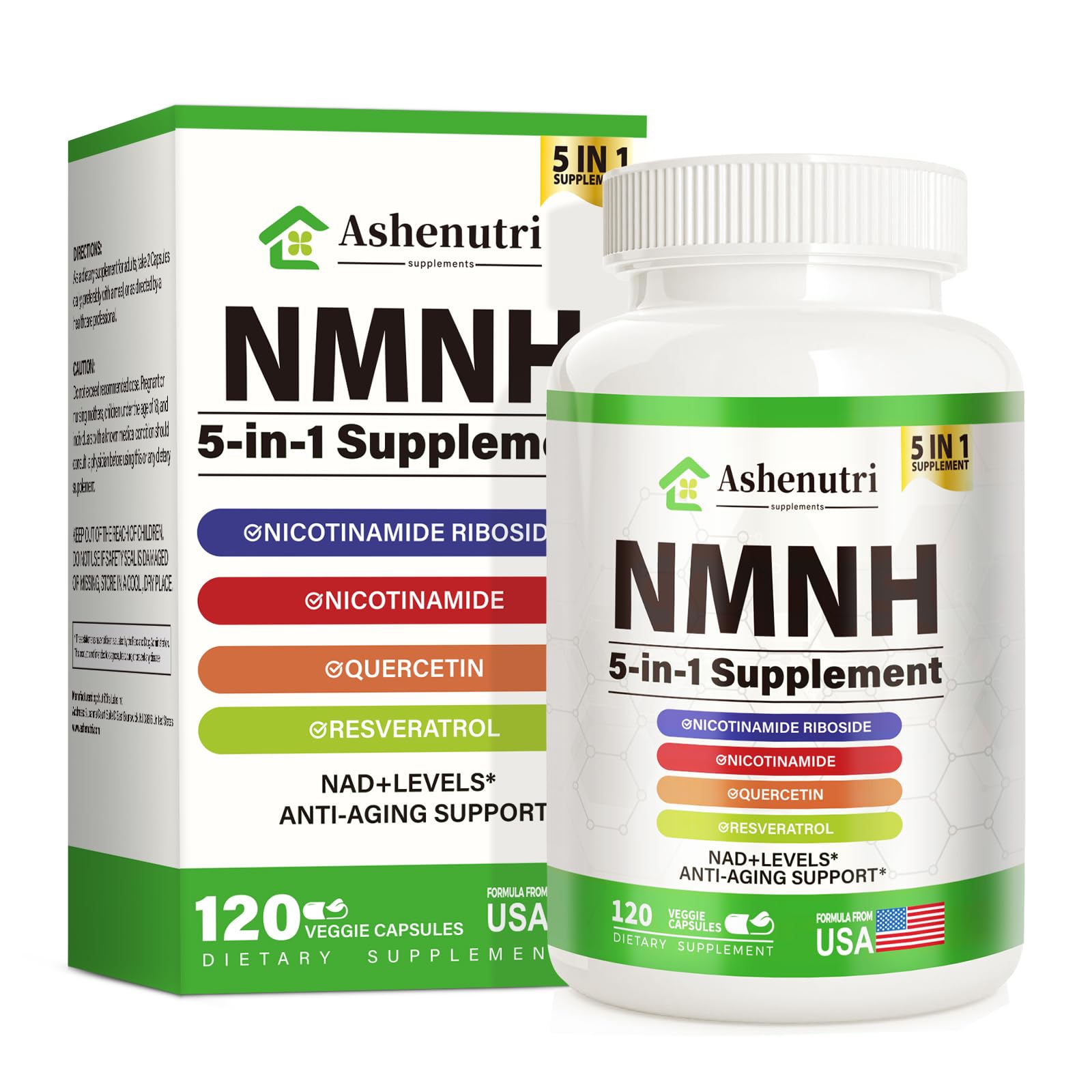 NMNH (Dihydronicotinamide Mononucleotide), NMN Alternative Supplement w/Niacinamide (Vitamin B3), Quercetin, Trans-Resveratrol, Support NAD+, Skin Cell Health*, Anti-Aging & Energy, 120 Caps Ashenutri Au supplements