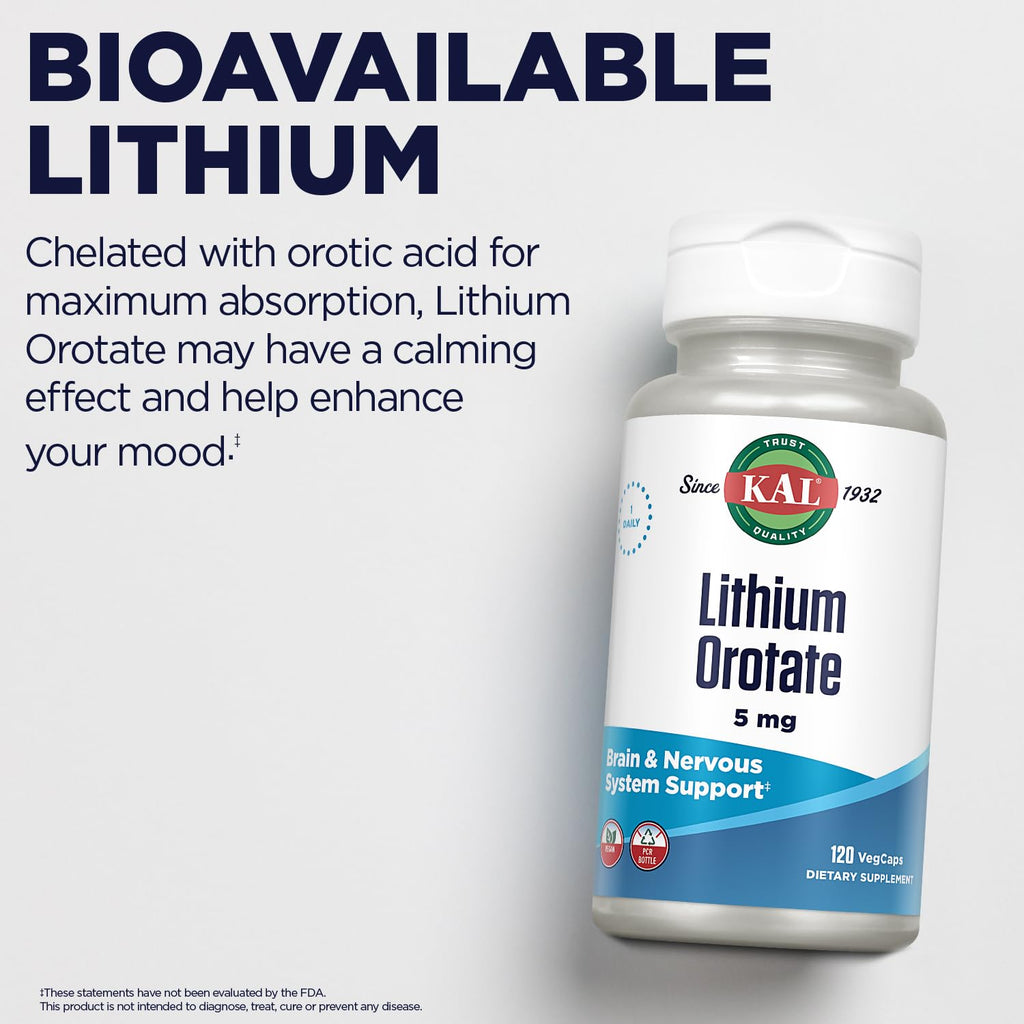 KAL Lithium Orotate 5 milligrams | Low Serving Of Chelated Lithium Orotate For Bioavailability and Mood Support | In Organic Rice Bran Extract Base | 120 VegCaps