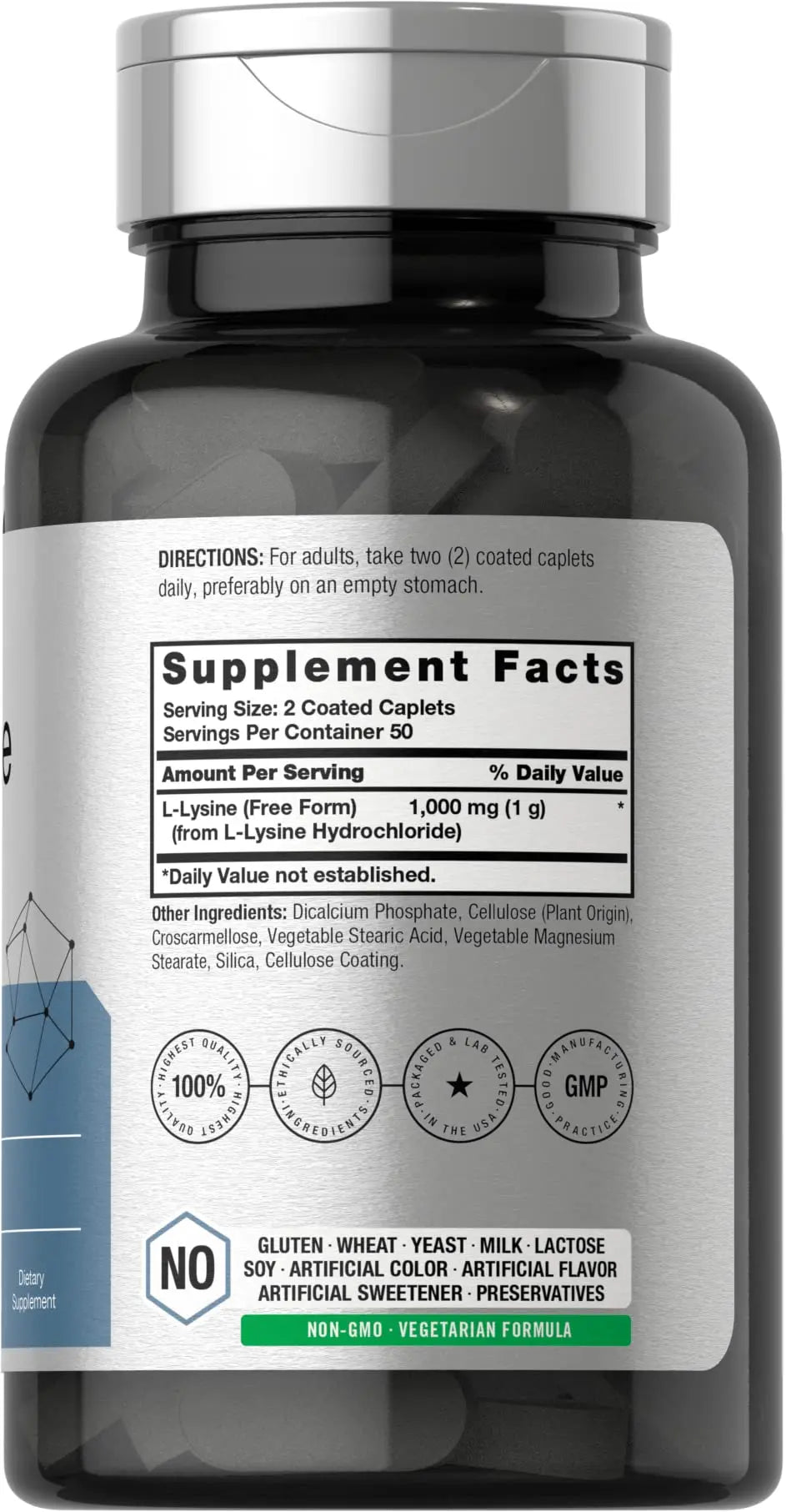 L-Lysine 1000mg | 100 Coated Caplets | Free Form Dietary Supplement | Vegetarian Horbäach Au supplements